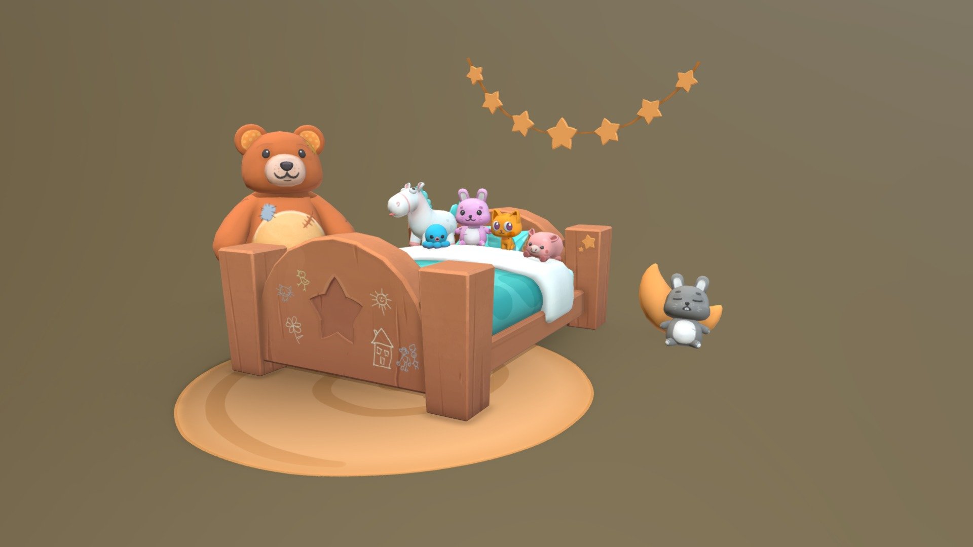 A 2 day project of a handpainted childs bedroom with plushies! It was a while since I've done handpainted texturing but I loved doing it 3d model