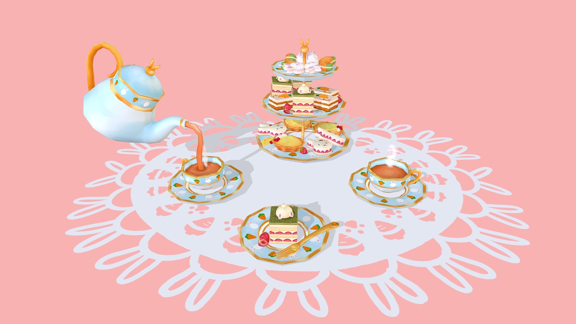 I really wanted to hand paint some desserts so I created this cute bunny themed tea party! 
It was really fun looking at references to decide what type of desserts I wanted and making sure they were on theme. 
My favorite is probably the bunny butt cake because that concept is just so adorable.

You can see more about this project on my artstation: https://www.artstation.com/artwork/Wm1wO3 - Bunny Tea Party - 3D model by Zayna (@ZayKay) 3d model