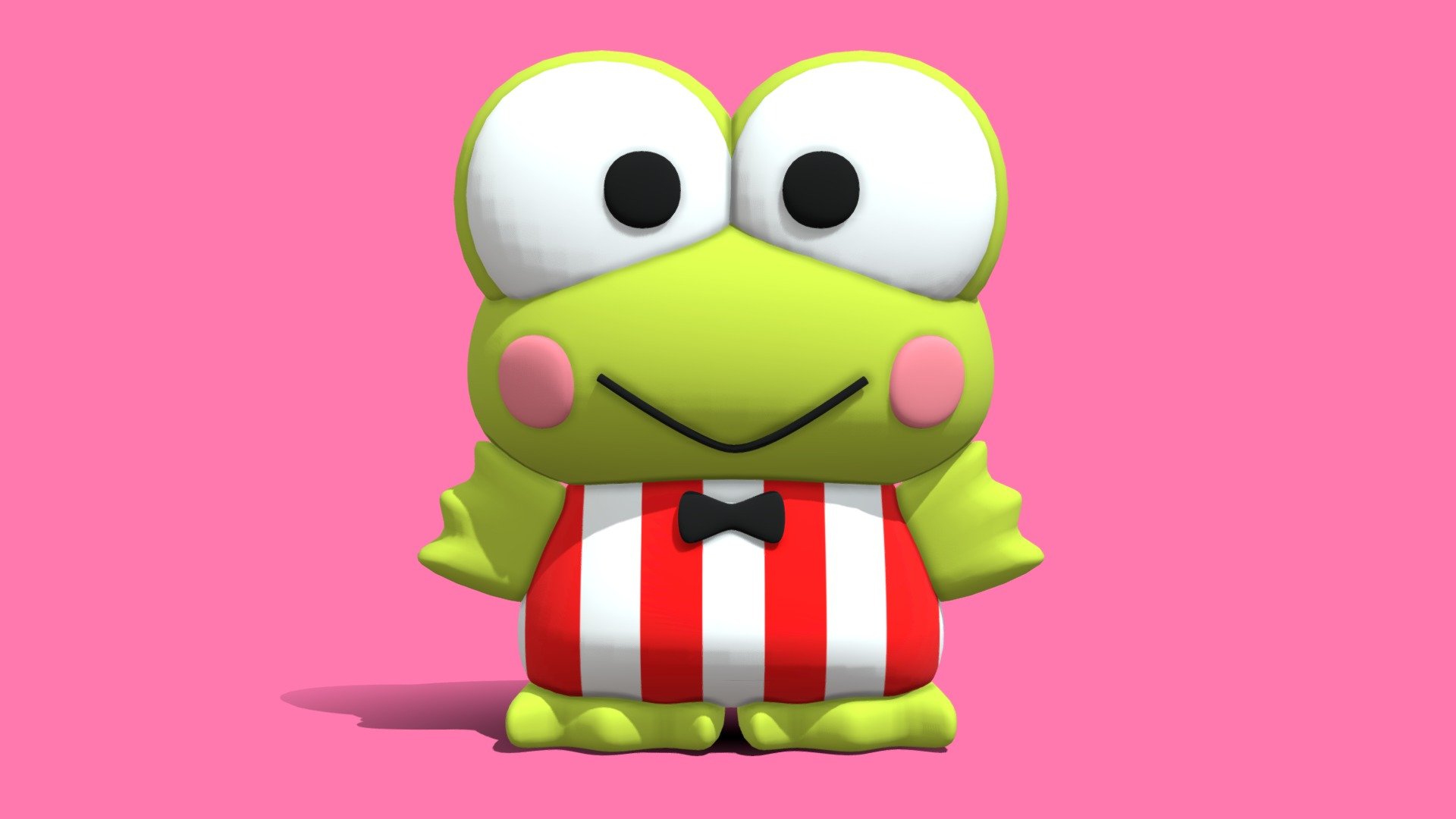 A simple and cute 3D model of popular Sanrio character Kero Kero Keroppi.

File Formats





FBX - Rigged




glTF - Rigged




OBJ




STL




Native 3.5 Blender File



STL is recomended for 3D printing

Polygons:
14,168

Vertices:
7,096 - Sanrio Kero Kero Keroppi 3D Model - Buy Royalty Free 3D model by SirSquiggles 3d model