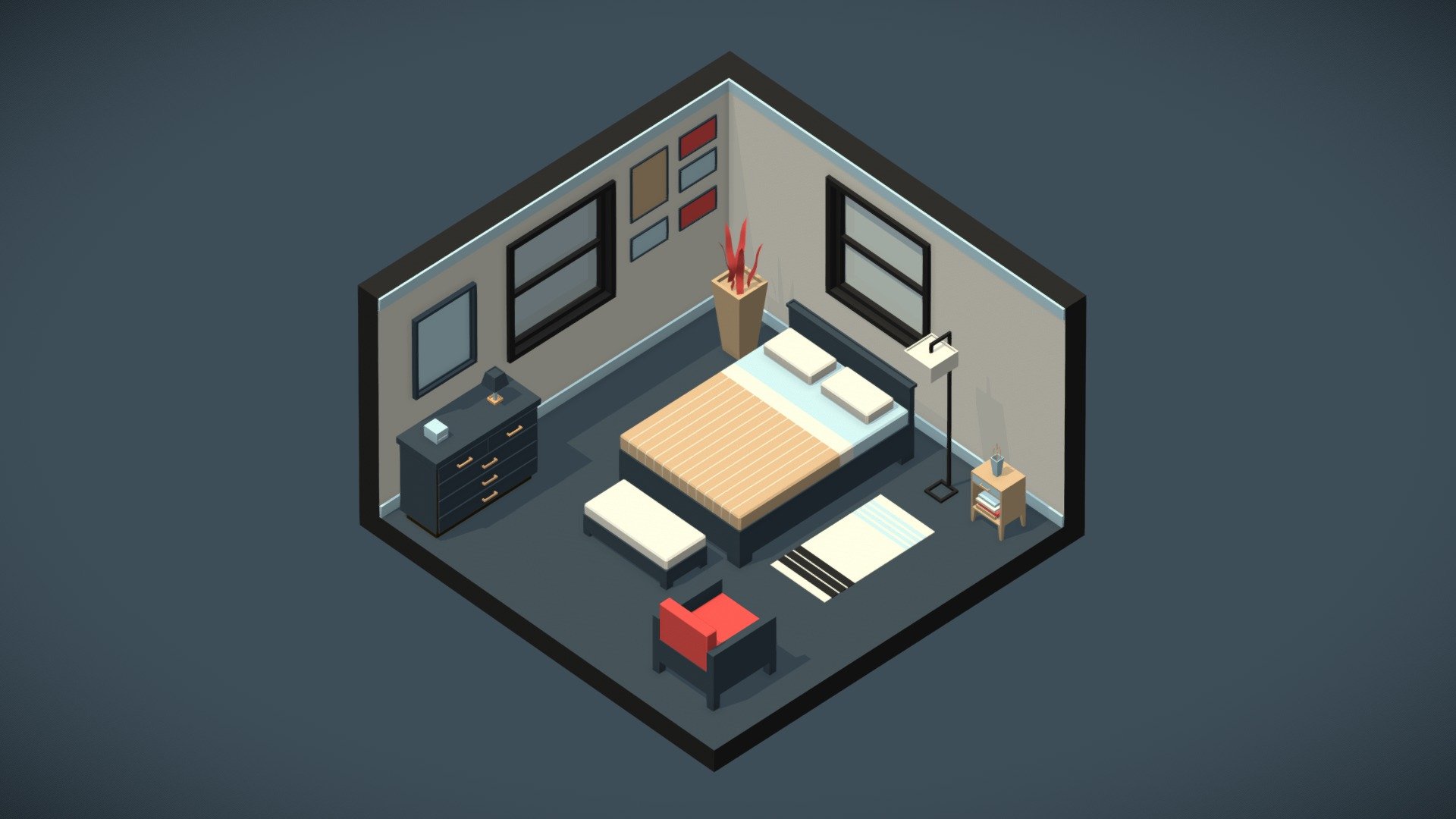 Isometric flat-design bedroom, modeled based on a concept art I found online 3d model