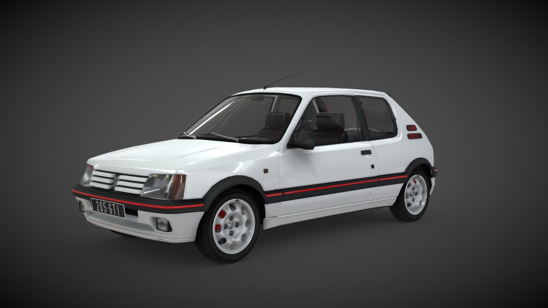 &mdash; 205 gti 1.9 Peugeot :

Reproduction work carried out from reference images only. The model is not a true copy of the original, but is as close as possible to it.
The model is rigged and animated. Everything was modeled with Blender by limiting the number of polygons.

In the archive you would find all the texture in jpeg format. Most of it is made to be tiled. I can send you all my references if it can be useful for you.

The model is ready to be used in a game engine.

Like if you like it and feel free to comment for appreciation or any suggestions.
If you want to download it, feel free to contact me for more information.

Please consider crediting me. It will be nice to link to my Web site. Thank you !

ArtStation project here : https://www.artstation.com/artwork/zDlNed - Peugeot 205 gti car game ready - Buy Royalty Free 3D model by sudermann 3d model