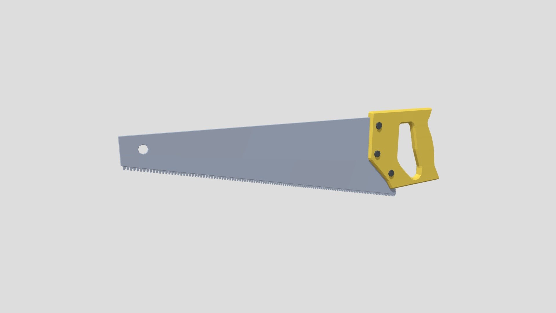 This is a low poly 3D model of a hand saw. The low poly saw was modeled and prepared for low-poly style renderings, background, general CG visualization presented as 1 mesh with quads/tris.

Verts : 1.324 Faces : 1.212.

The 3D model have simple materials with diffuse colors.

No ring, maps and no UVW mapping is available.

The original file was created in blender. You will receive a 3DS, OBJ, FBX, blend, DAE, Stl, gLTF.

All preview images were rendered with Blender Cycles. Product is ready to render out-of-the-box. Please note that the lights, cameras, and background is only included in the .blend file. The model is clean and alone in the other provided files, centred at origin and has real-world scale 3d model