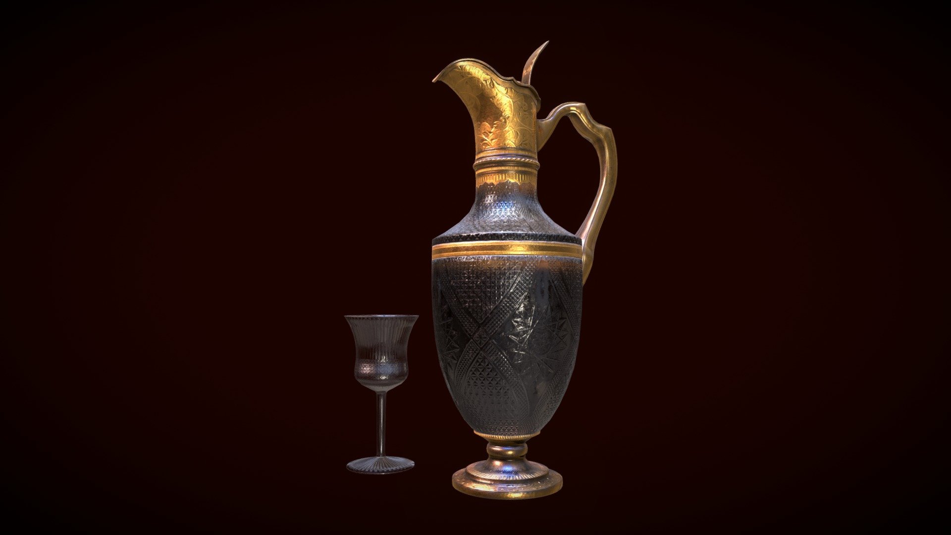 A victorian era jug and wineglass from my victorian still life.
Done with Blender, Substance Designer, Substance Painter and 3D Coat.
For the engravings on the jug, I modeled and rendered the shapes in Blender as a height map and created a trimsheet material which I used in Substance Painter with sphere projection.

To avoid the transparency sorting issues, I gave the glass a little bit of roughness 3d model