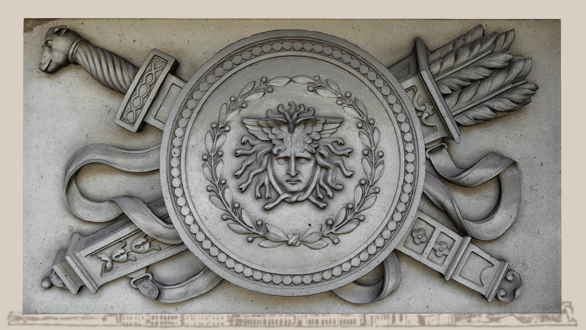 Relief with sword and quiver of arrows and a shield with Minerva's head on the facade of the Neue Burg in the 1st district of Vienna. The Neue Burg is part of the Vienna Hofburg 3d model