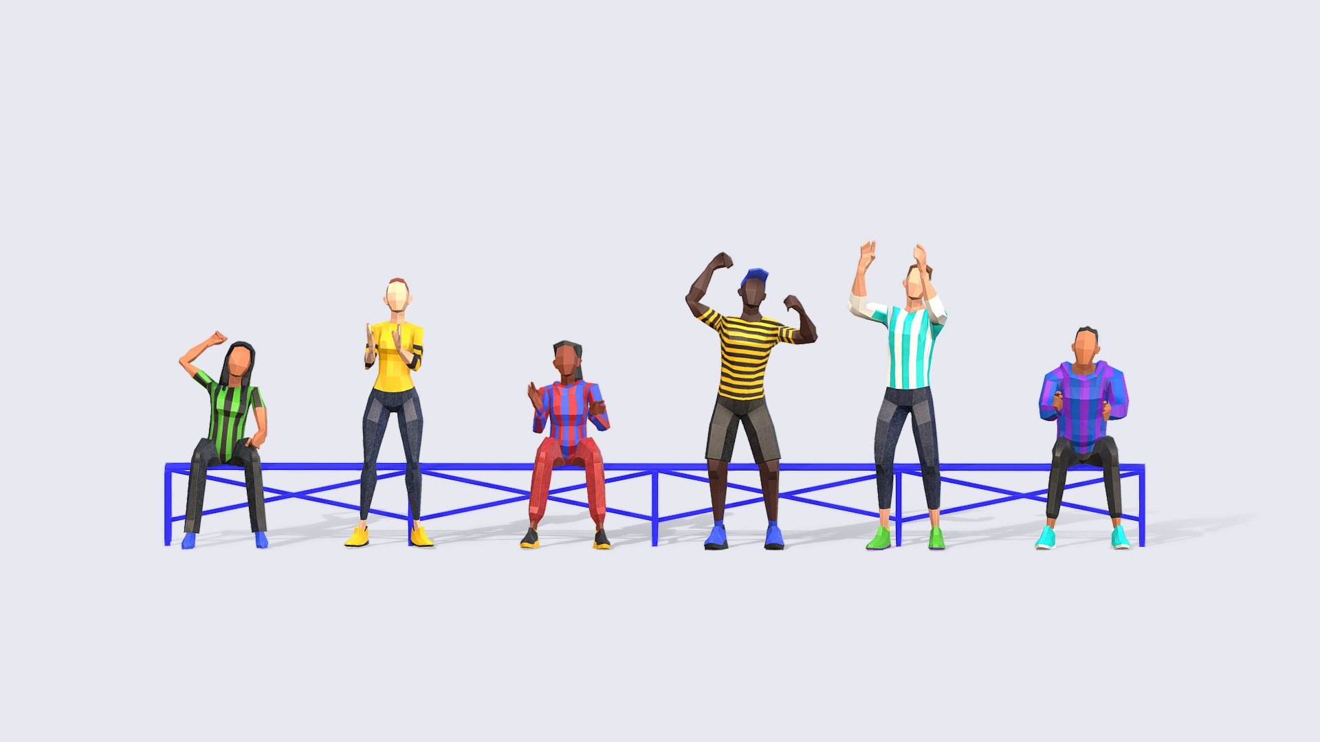 CHEERING LOW POLY PEOPLE
A super versatile pack of Low Poly People where all models interact. Plus all models can use the same or vary the 6 different textures.

INCLUDES:




Independent Rest Pose fin FBX, perfect for Animating with mixamo or your chosen platform

Independent Animated FBX file that includes all 6 looping animations -100 frames

Full Pack Blender Native file with all characters together.

Textures created for the pack.


Give some unique style to your crowds with our collection of low poly people.
*3RD GENERATION of Animated Low-Poly People and it will be included in The Compilation - Cheering People - Animated & Rigged - Buy Royalty Free 3D model by Studio Ochi (@studioochi) 3d model