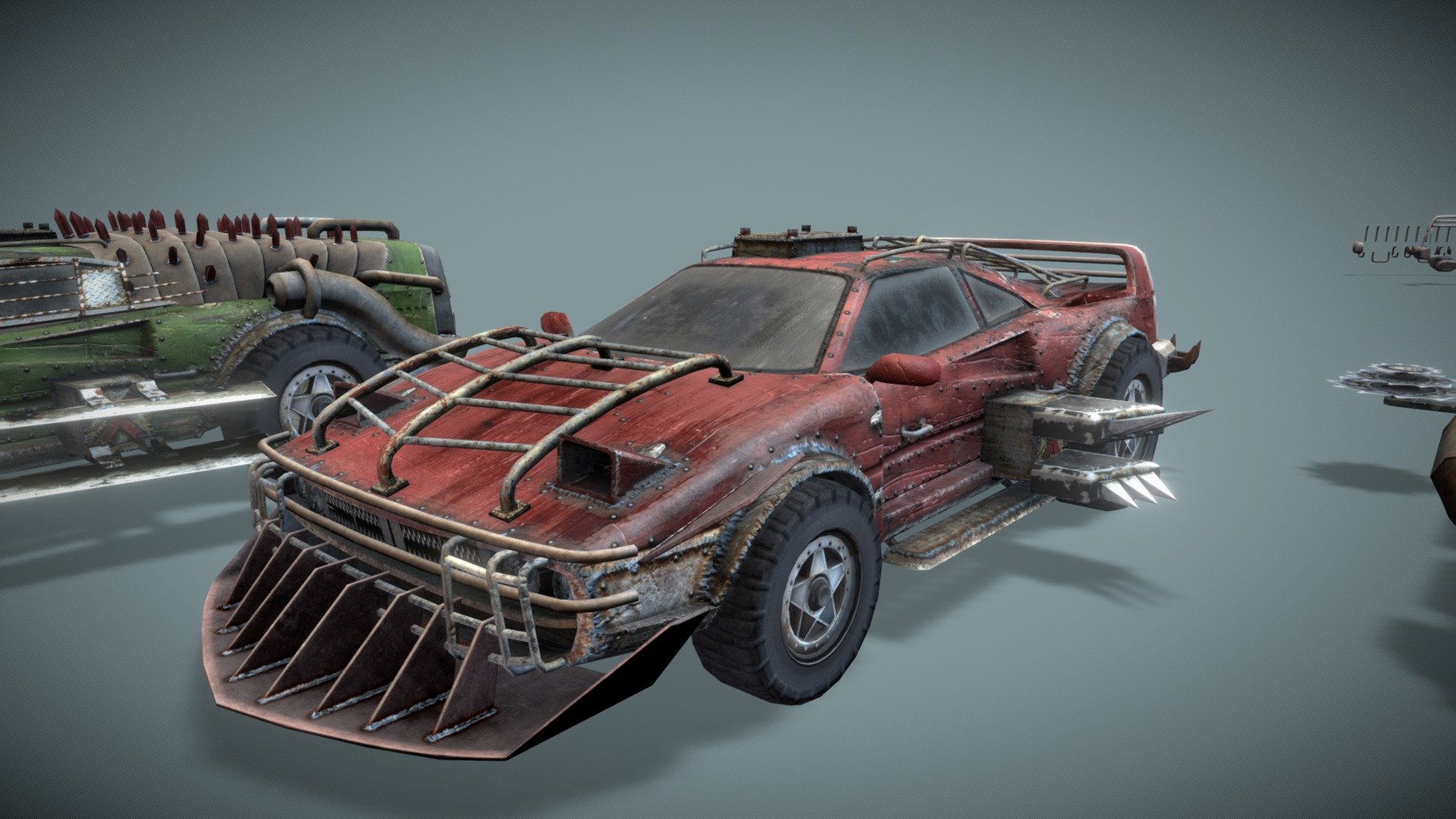 Lowpoly GameReady
parts:
-6 carpaints
-5 frontbumpers
-5 backbumpers
-3 sidekits
-5 hoods
-5 windshields

textures: 
color, specular, metallic, reflection, normal - Customizable Post-Apocalyptic car - Ferrari - 3D model by MadManStudio 3d model