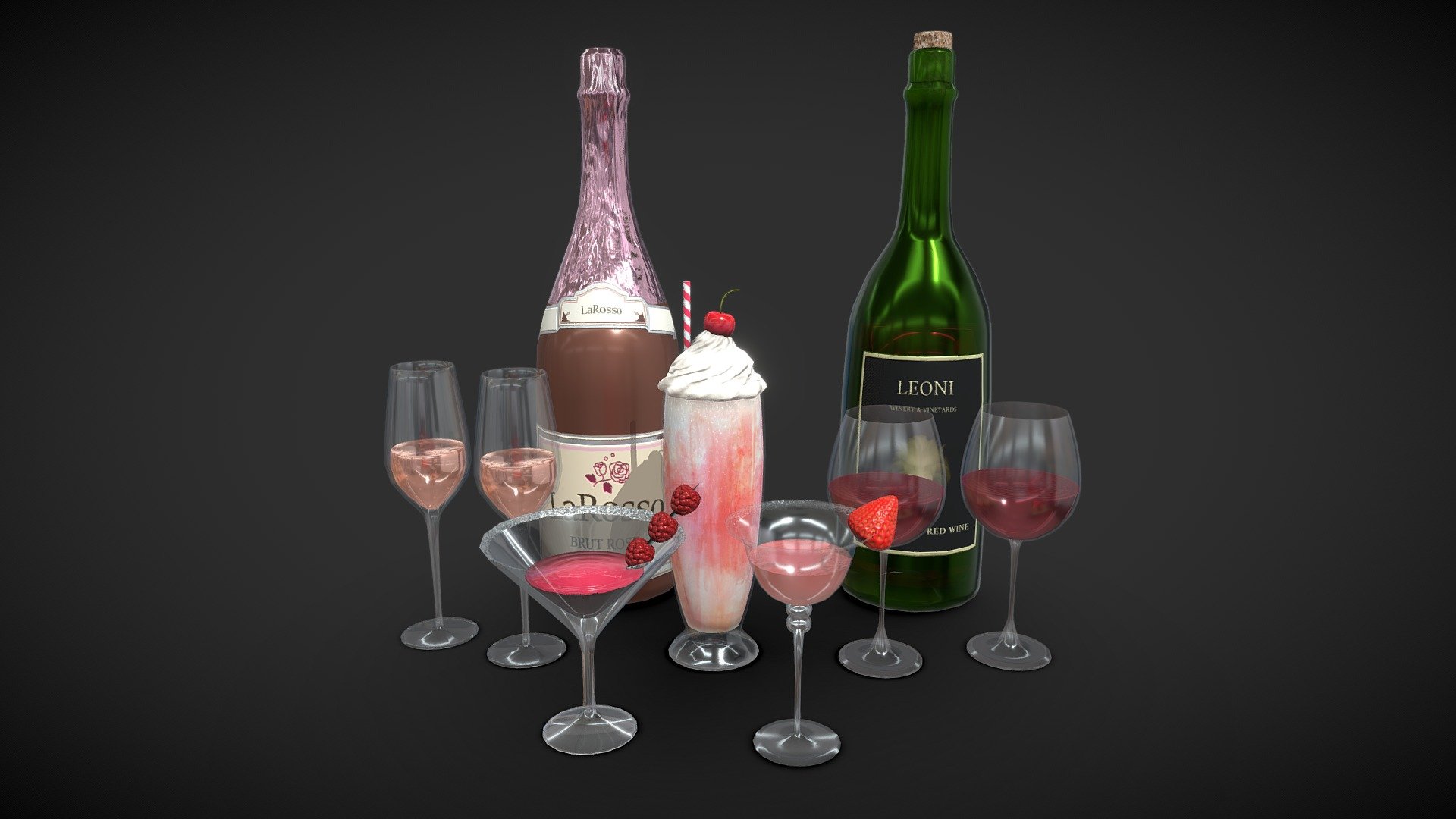 Alcoholic drinks pack

includes:




Drink in Martini Glass

Milkshake / cocktail 

Strawberry Alcoholic Drink

Wine Bottle and Glasses

Champagne with glasses

4096x4096 PNG texture

Triangles: 14.4k
Vertices: 7.4k




my food collection &lt;&lt;

my party / birthday collection &lt;&lt;
 - Alcoholic drinks pack - Buy Royalty Free 3D model by Karolina Renkiewicz (@KarolinaRenkiewicz) 3d model