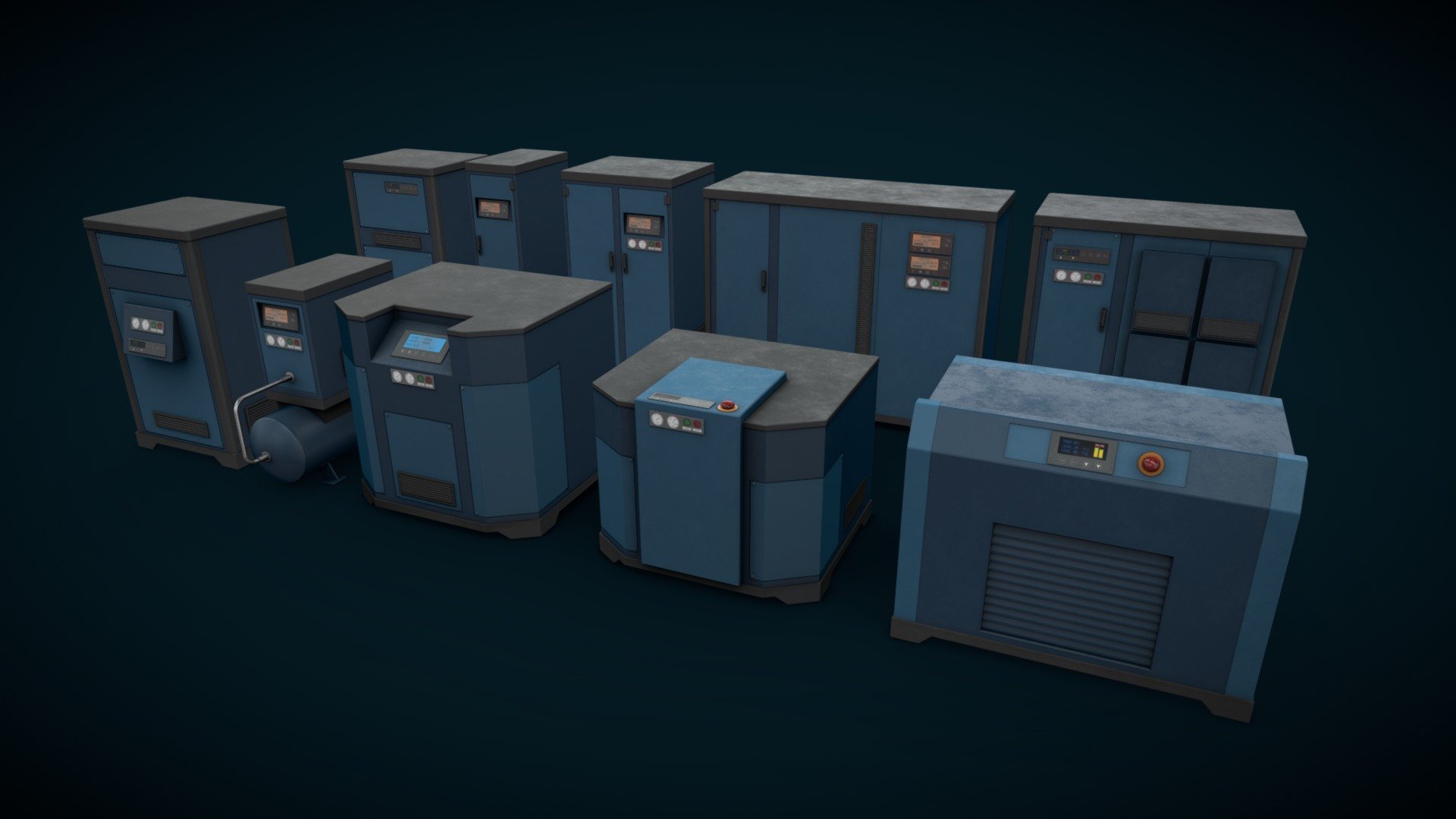 The pack of 10 machinery units for industrial environment visualizations 

Non overlapping UVs in secondary UV channel 

2 textures for the whole set 3d model