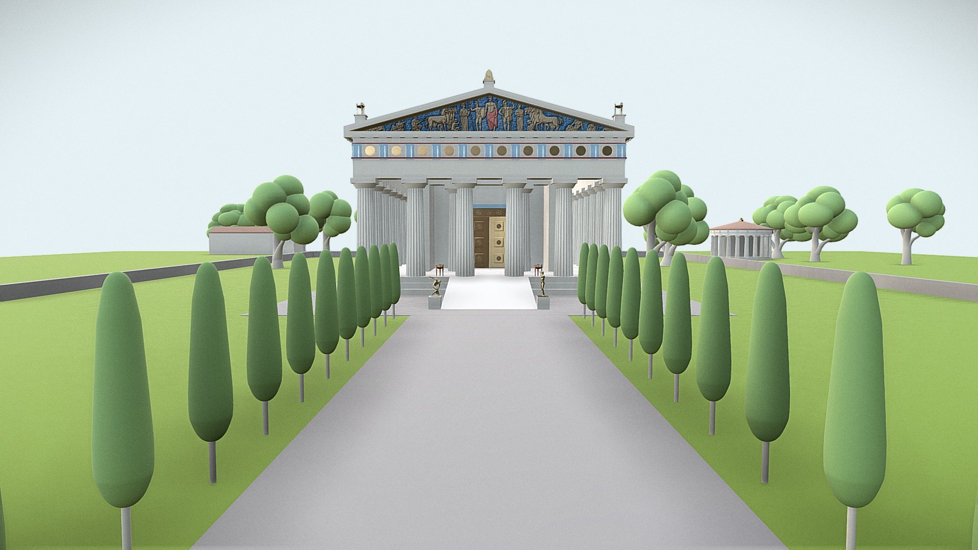 3D MODEL

Tools: Cinema 4D, Adobe Illustrator and Photoshop. The statues flanking the entrance ramp (Discobolus and Artemision Bronze) are courtesy of MyMiniFactory.com. This is a work in progress that I may update from time to time.

CULTURAL ARTIFACT

&ldquo;The Temple of Zeus at Olympia was an ancient Greek temple in Olympia, Greece, dedicated to the god Zeus. . . . Construction of the temple began around 470 BC and was probably completed by 457 BC. The architect was Libon of Elis, who worked in the Doric style. . . . The temple housed the renowned statue of Zeus, which was one of the Seven Wonders of the Ancient World. . . . In AD 426, Theodosius II ordered the destruction of the sanctuary. Earthquakes in 522 and 551 devastated the ruins and left the Temple of Zeus partially buried.