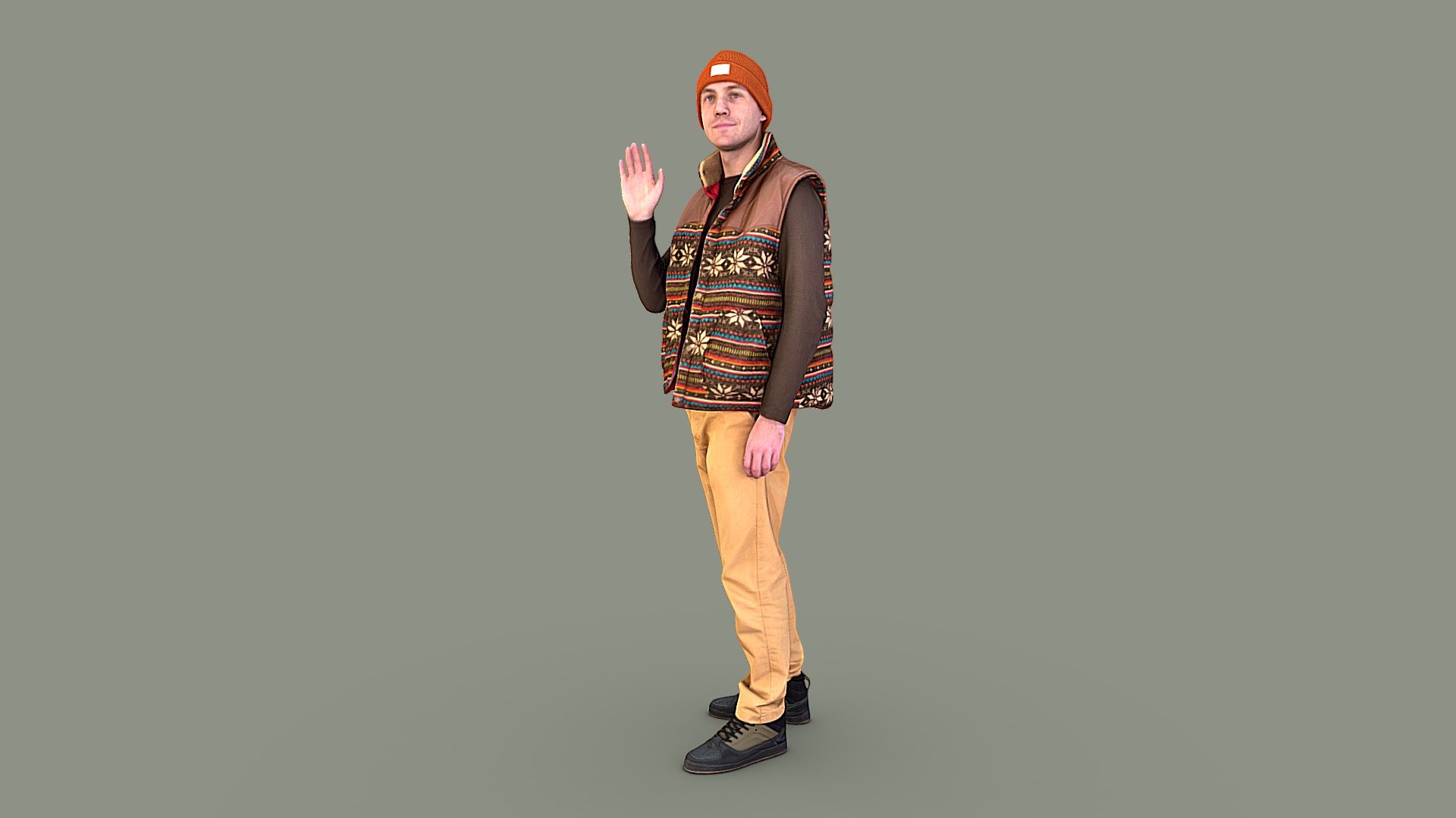 Follow us on Instagram ✌🏼

✉️ Young handsome humble guy waving to his friend. He wears a warm brown geometric vest, long sleeve sweater, camel-color pants, black sneakers and a beanie hat.

🦾 This model will be an excellent mid-range participant. It does not need to be very close and try to see the details, it reveals and demonstrates its texture as much as possible in case of a certain distance from the foreground.

⚙️ Photorealistic Casual Character 3d model ready for Virtual Reality (VR), Augmented Reality (AR), games and other real-time apps. Suitable for the architectural visualization and another graphical projects. 50 000 polygons per model.

PDDV61 - Hey! Hiya! Ay-up! - 3D model by kanistra 3d model