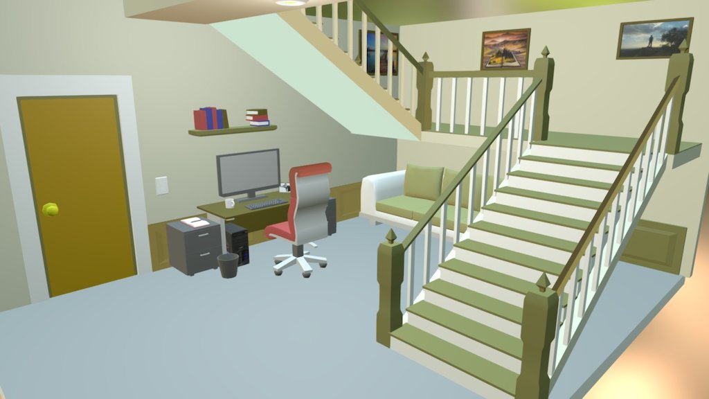 room with stairs, made in Maya - Lowpoly Room - 3D model by multimediasheep 3d model