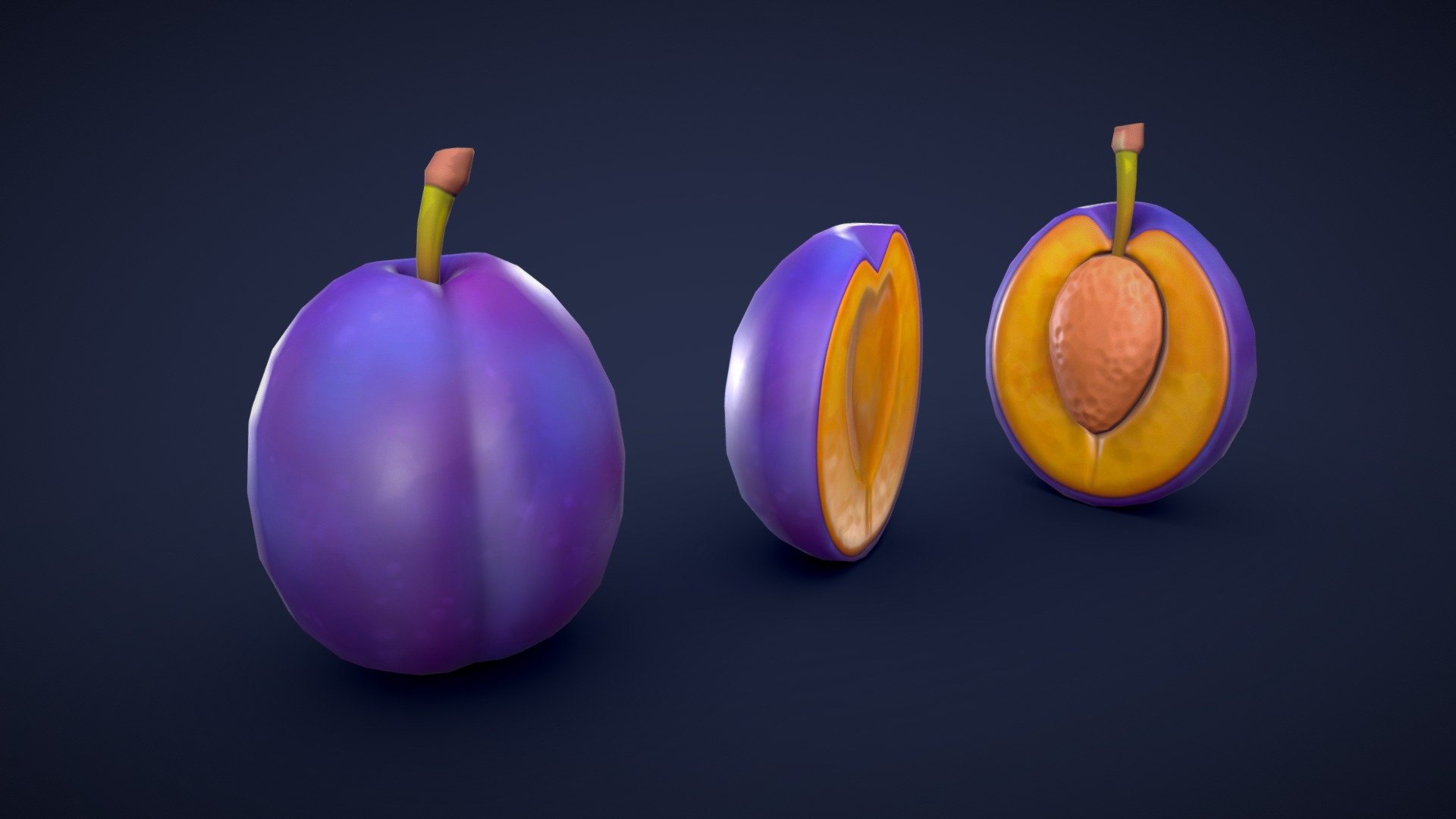 This asset pack contains 3 different plum meshes. Whether you need some fresh ingredients for a cooking game or some colorful props for a supermarket scene, this 3D stylized plum asset pack has you covered! 

Model information:




Optimized low-poly assets for real-time usage.

Optimized and clean UV mapping.

2K and 4K textures for the assets are included.

Compatible with Unreal Engine, Unity and similar engines.

All assets are included in a separate file as well.
 - Stylized Plum - Low Poly - Buy Royalty Free 3D model by Lars Korden (@Lark.Art) 3d model
