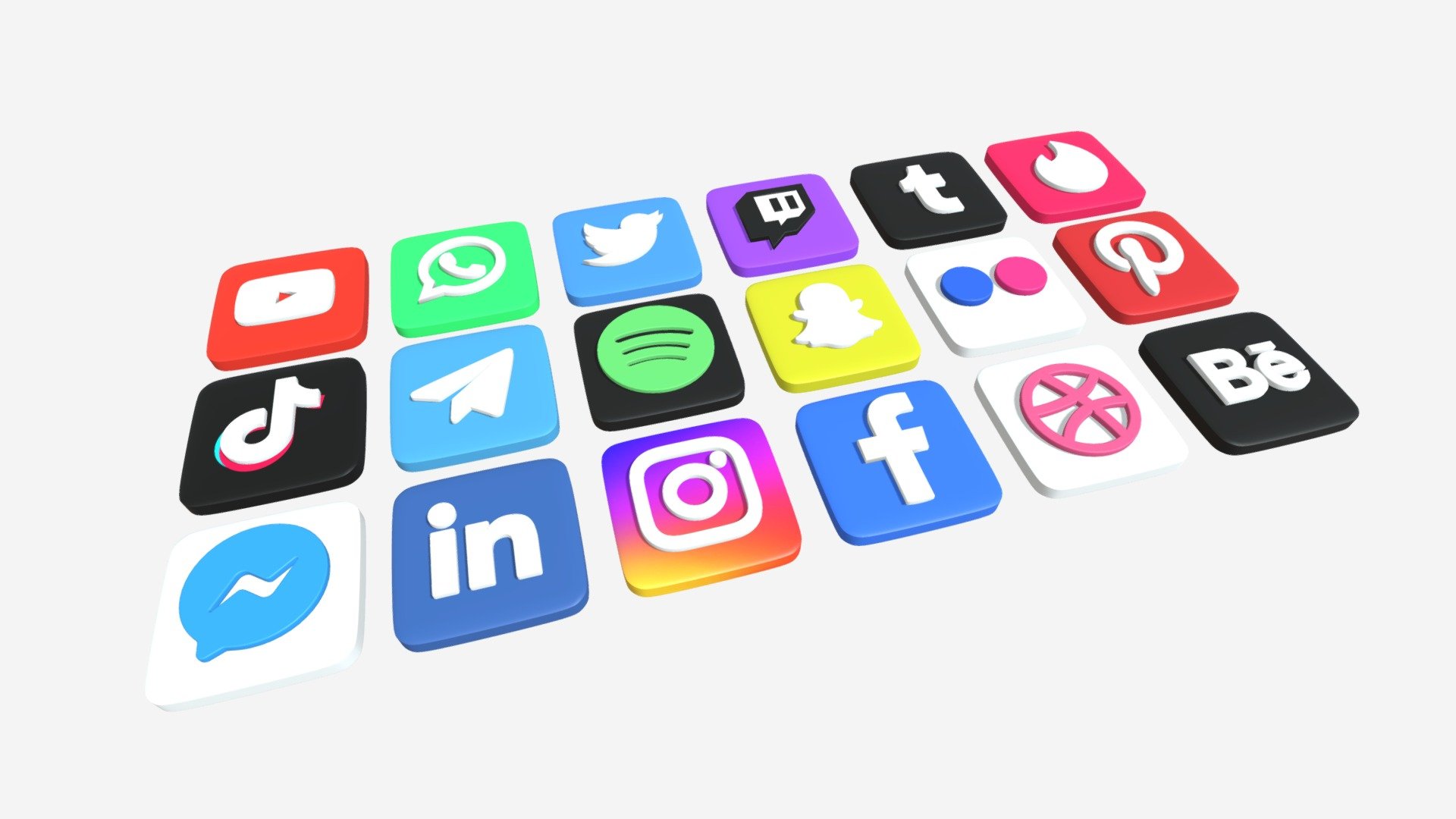 Here are the logos of several well-known social networks:
Youtube / WhatsApp / Twitter / Twitch / Tumblr / Tinder / TikTok / Telegram / Spotify / Snapchat / Flickr / Pinterest / Messenger / Linkdin / Instagram / Facebook / Dribble / Behance - Social Network Icons - 3D model by Larsinne 3d model