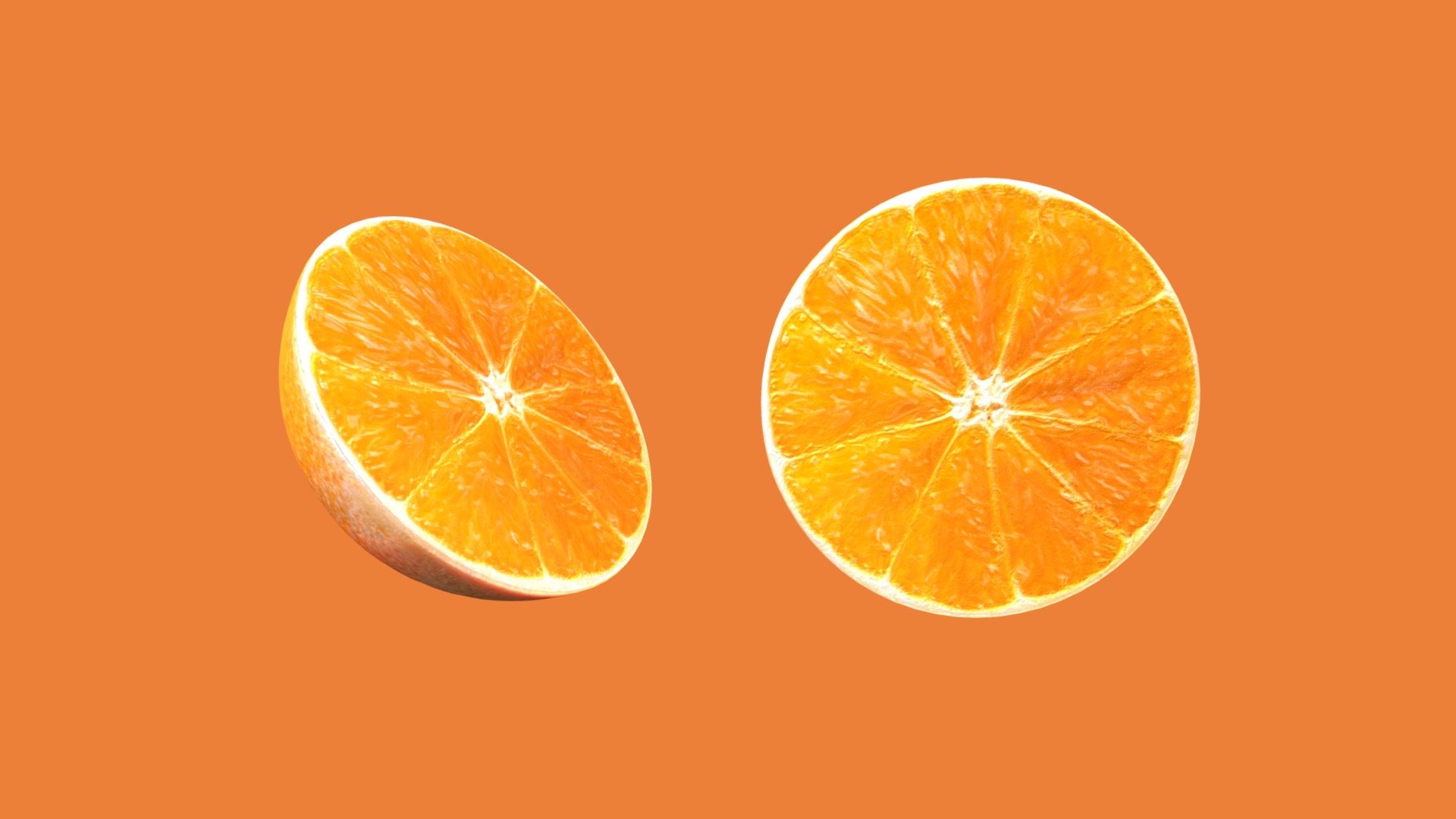 A realistic orange slice or half. Has indiviual shinyness on slices and a normal map that gives the peel slight bumps and the slices a bit of subtle depth. Texture created in substance painter 3d model