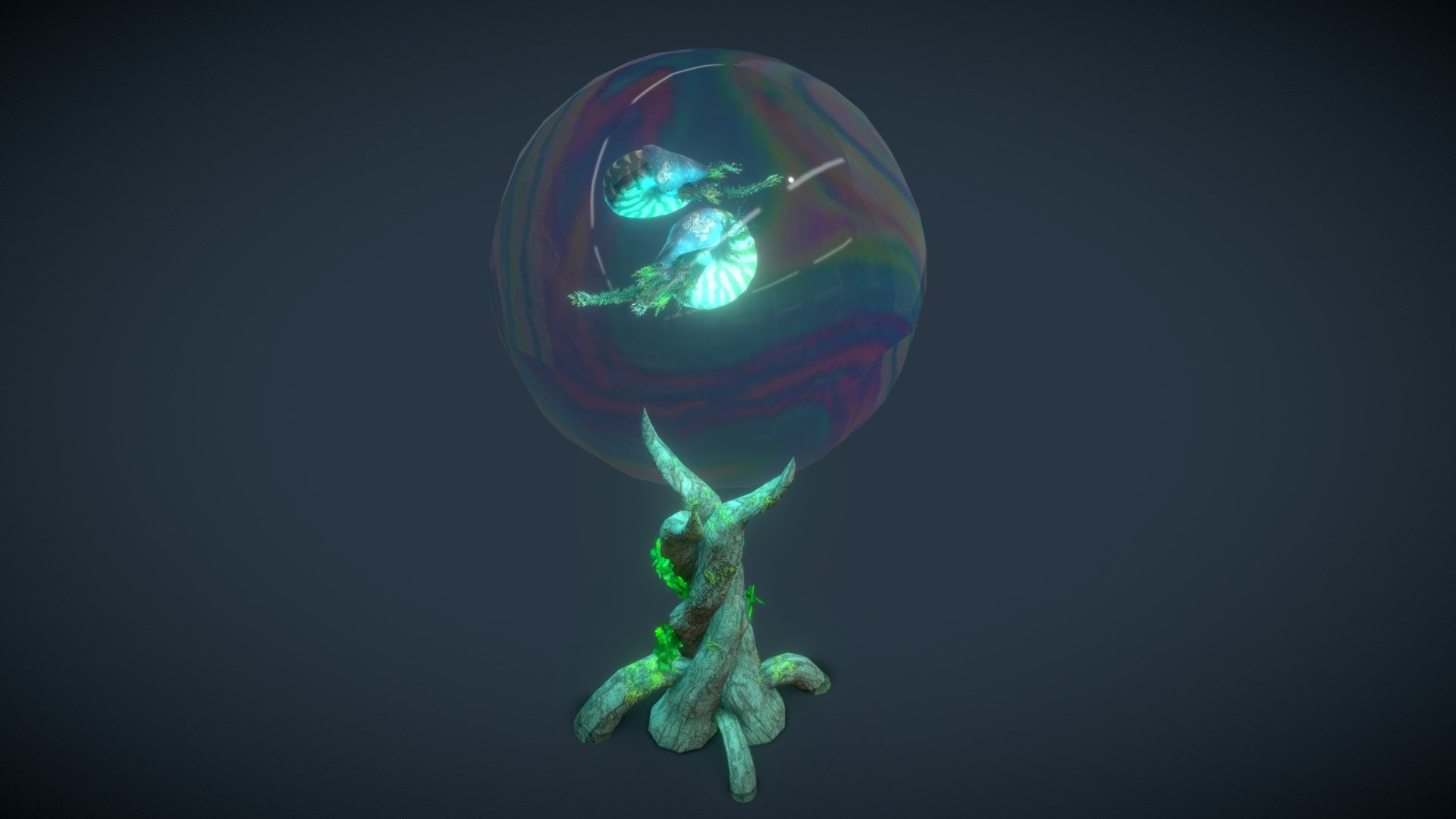 Another piece of the Koldovstoretz scene
There are two Nautilus made of plants in their bubble tank.
everything was made with Maya 2018

You can see screenshot of the full scene here:
https://www.artstation.com/artwork/xzl6xO - Vegetal nautilus - Download Free 3D model by Hephep 3d model