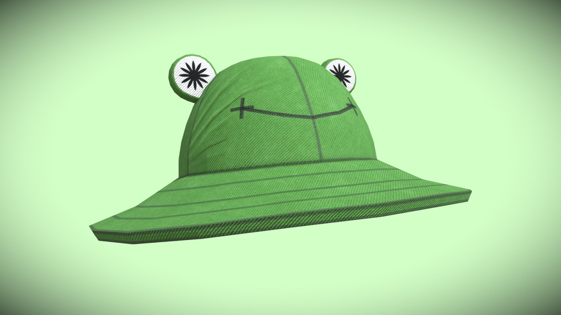 A bucket hat with smily frog. I made 3 versions of the hat, this is the Green version. The others can be found here:

Black:
https://sketchfab.com/3d-models/black-frog-hat-00f9dd4c828145549a193a448857191a

White:
https://sketchfab.com/3d-models/white-frog-hat-e5d82ab2d6b04f8382293035e03601de

Modelled in Maya, textured in Substance Painter, entirely by me 3d model