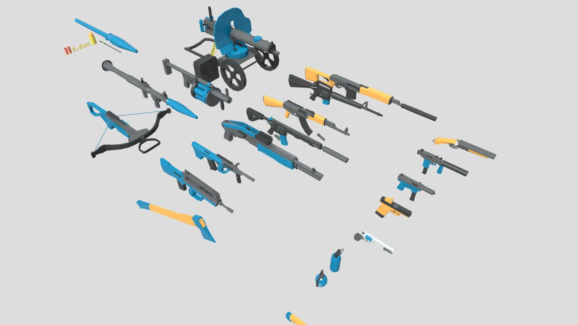 If you want to use animation in 3d max, please download the archive “lowpoly_gun_ALL.7z”. In a text document, all keys from the animation are registered.

packaged in formats: blend, fbx, obj, 3ds

A set of 20 models of weapons, the most popular guns, pistols and ammunition All moving parts are separated from parent mesh and have their pivots in right positions. Also there is bones and animation of reloading and shooting at the weapon. The models are optimized and ready for import into the game engine.

This model is modeled in Blender 3D, rendering performed using cycles, just as there are formats for import into other programs. Question on the model? write to me Thank you for your purchase.

The package contains: AK-47; AR15; AUG; AXE; Crossbow; FAMAS; Grenade Launcher; Grenades; Knife; M16; Machine gun Maxim; Revolver; RPG; Sawed-off Shotgun; Shotgun; SVD; Tech 9; UZI;

Deslab.xyz - Low poly pack guns / AK-47 / M16 / AR15 / SVD - Buy Royalty Free 3D model by Deslab (@kama12) 3d model