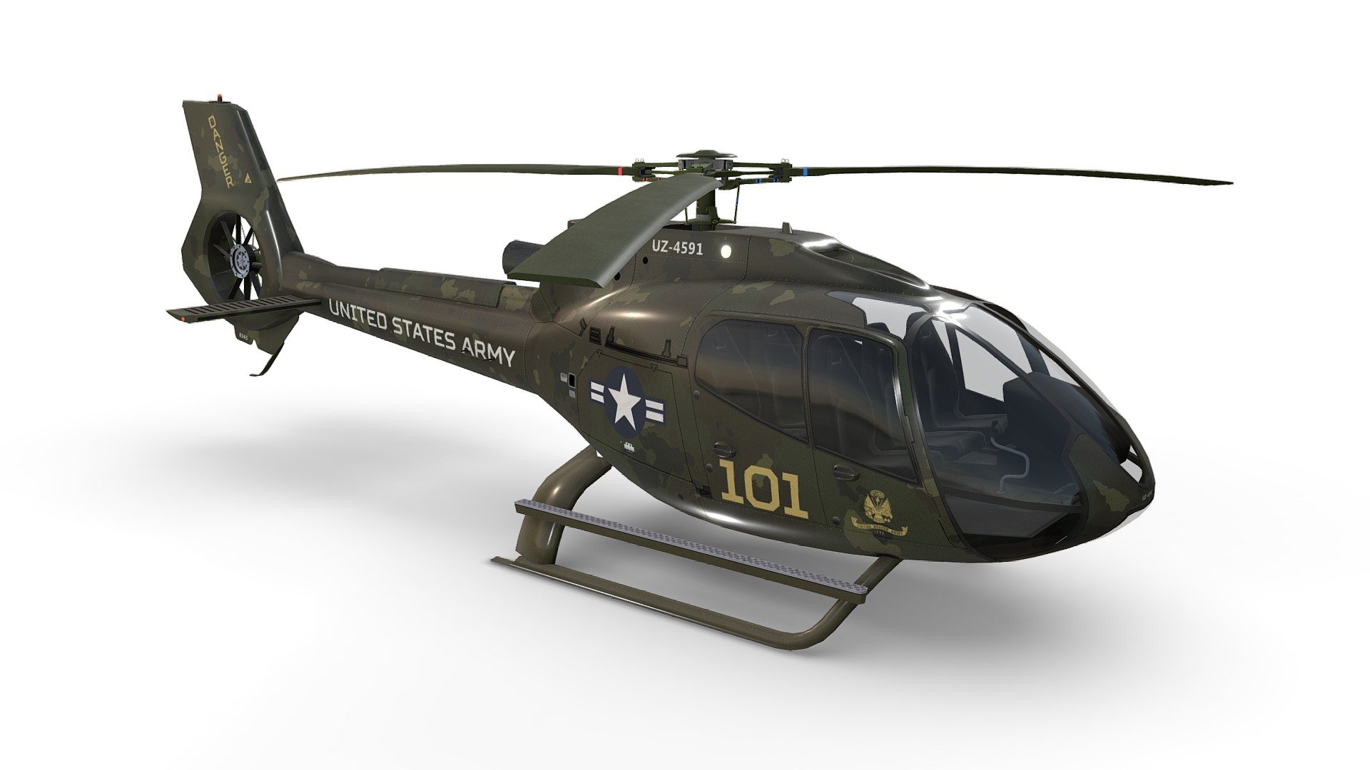 US Army Helicopter Airbus H130 Livery 36. Game ready, realtime optimized Airbus Helicopter H130 with high visual accuracy. Both PBR workflows ready native 4096 x 4096 px textures. Clean lowpoly mesh with 4 preconfigured level of details LOD0 19710 tris, LOD1 10462 tris, LOD2 7388 tris, LOD3 5990 tris. Properly placed rotors pivots for flawless rotations. Simple capsule built interior that fits perfectly the body. 100% human controlled triangulation. All parts 100% unwrapped non-overlapping. Made using blueprints in real world scale meters. Included are flawless files .max (native 3dsmax 2014), .fbx, and .obj. All LOD are exported seperately and together in each file format 3d model