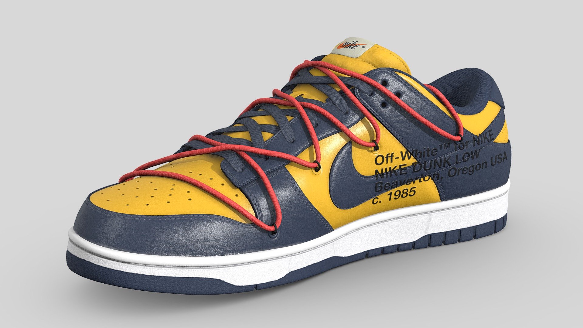 Off White collaboration with Nike on a Dunk low in Michigan Blue, made in Blender, textured in Substance. Virgil Ablohs take on the Nike Dunk first debuted in 2019, A reimagined tongue coupled with bright, Flywire lacing helped this shoe to stand out and cement its place in the storied legacy of the Nike Dunk. This colourway boasts navy leather accented by a smooth yellow leather. 

Every detail was made in the recreation of this shoe, from the text on the medial side of the shoe to the subtlety of each material, nothing went overlooked. The model itself is subdivision ready and consists of four texture sets. The model on display is at Subdivision level 1 and each texture is at 4096x4096 resolution

Download File Contents:
1. Native Blender file with linked textures
2. Folder containing all textures in 4096x4096 png format. 
3. FBX and OBJ versions of the shoes - Off White x Nike Dunk Michigan - Buy Royalty Free 3D model by Joe-Wall (@joewall) 3d model