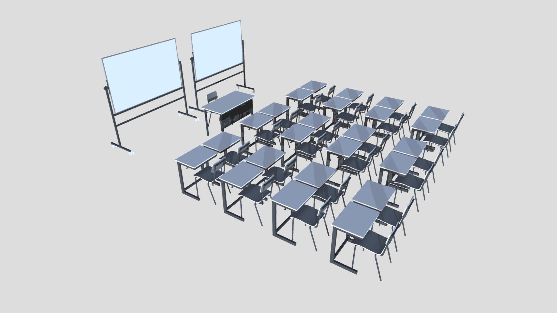 School Classroom Furniture Complete Set

**School Classroom Furniture - Complete SET - Gray

4 complete 3d models: chair, table, desk and whiteboard**

Created in 3ds max 2018, with materials, created without textures, only geometry and materials

Optimized number of polygons Materials asigned No textures

Optimized geometry Rounded corners (material) Real world scale

3ds max format fbx format 3ds format obj format dae format dwg format

3ds max file was created in vray, and it contains lights and cameras 3d model