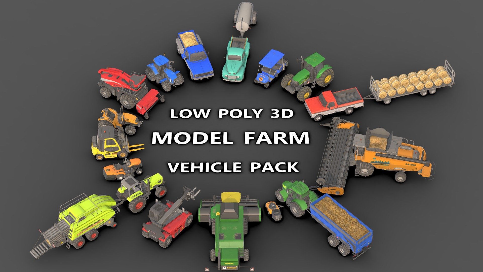3D model Farm Vehicle Pack  .

This package includes 20 vehicles that are available to you with a 40% discount .

You can use these models in any game and project.

This model is made with order and precision.

Textures format is PNG.

Separated parts (body. wheels.Steer).

Very low poly.

Average poly count: 15/000 Tris.

Texture size: 1024/2048(PNG).

Each model has 2 to 4 textures .

Each model has 2 or 4 materials .

The parts are separated.

format: fbx, obj, 3d max.

The original files are in the Additional file .

Wait for my new models.. Your friend (Sidra) 3d model