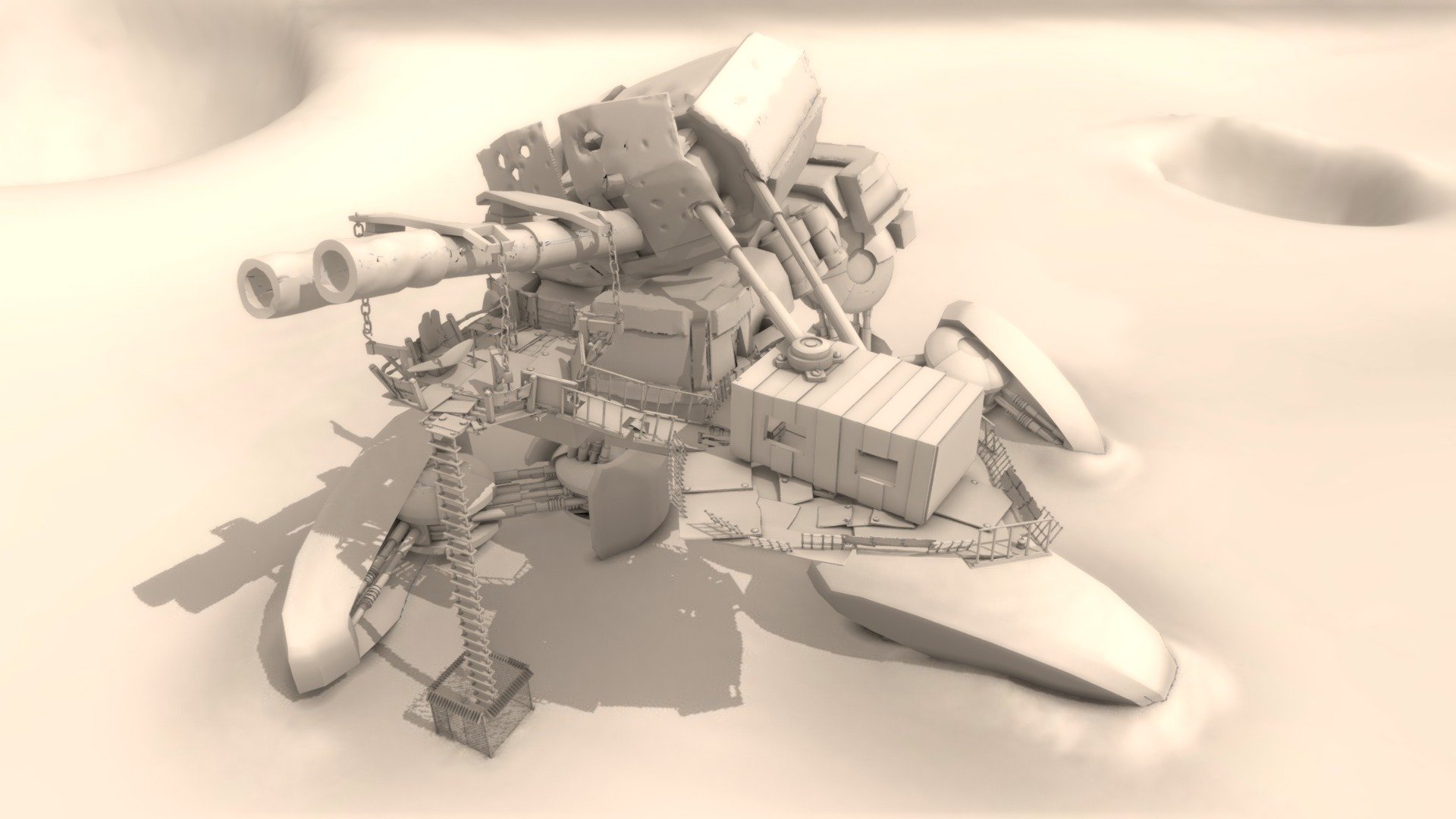 The render baking is a  bit bad quality since this was intended for rendering not realtime

Made in blender for a school project, the teacher just asked for a room with a certain thematic going for it, soo I picked the &ldquo;giant destroyed mech wasteland home