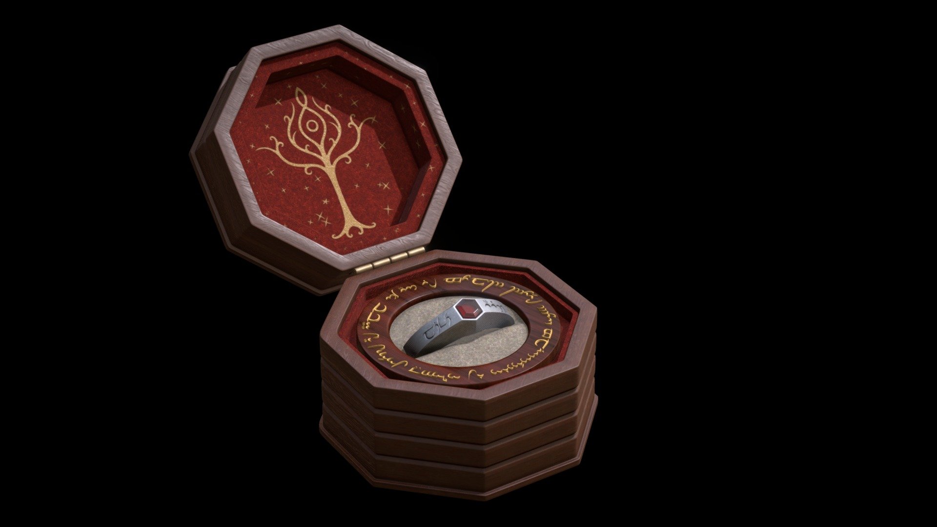 A silver elvish ring, showcasing a deep red garnet, set in a wooden and felt lined box. Created and textured in Blender. The engraving on the ring translates to water and life in Elvish.

For this peice I wanted to create something that combined sculpting, traditional modelling and texture painting. I created a highly detailed ring with some deep engravings and then moved onto the ring box. I utilised the upper ring box to showcase a detailed ornate elvish drawing, and accented it with stars. 

Overall a simplier piece but it turned out really nicely, especially with the overall color combination to give it a warm vibe 3d model