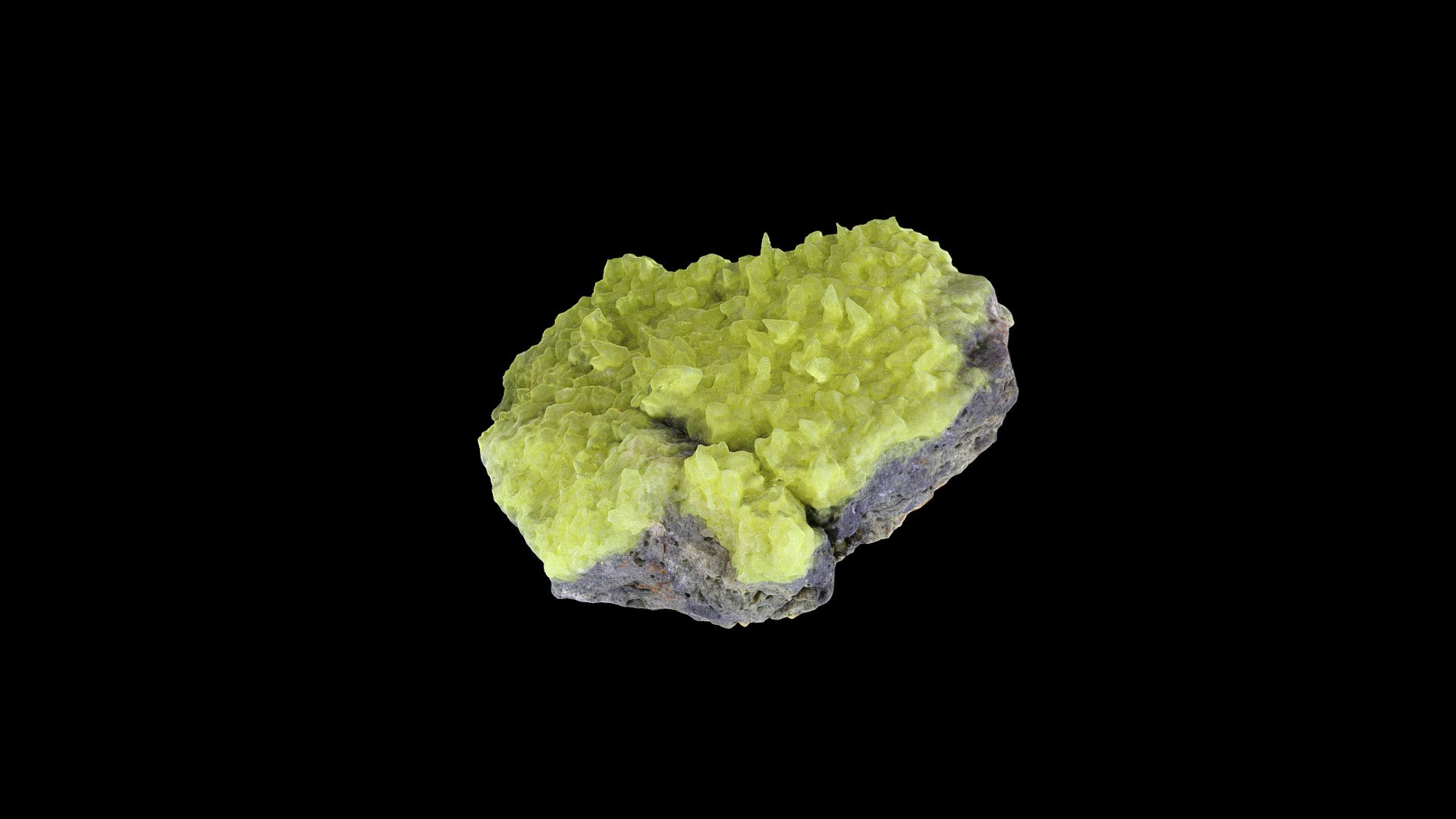 The yellow minerals seen here is native sufur. It appears to have precipitated on altered basalt &ndash; almost certainly from sulfur-rich volcanic gases 3d model