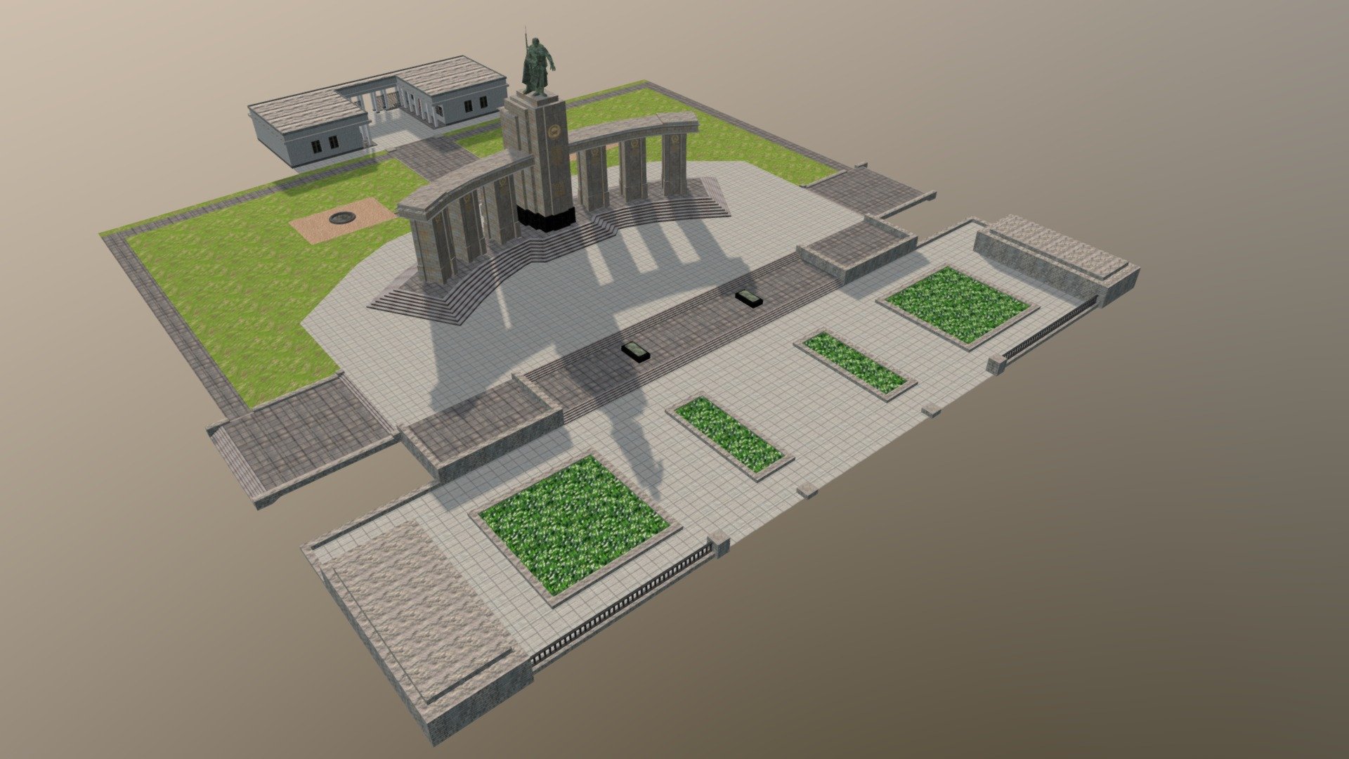 Low poly 3D model of the Soviet War Memorial in Tiergarten, Berlin.

Including max, fbx and obj formats.

With albedo, specular and normal maps textures.
 
14388 polygons.
 
17972 vertices 3d model