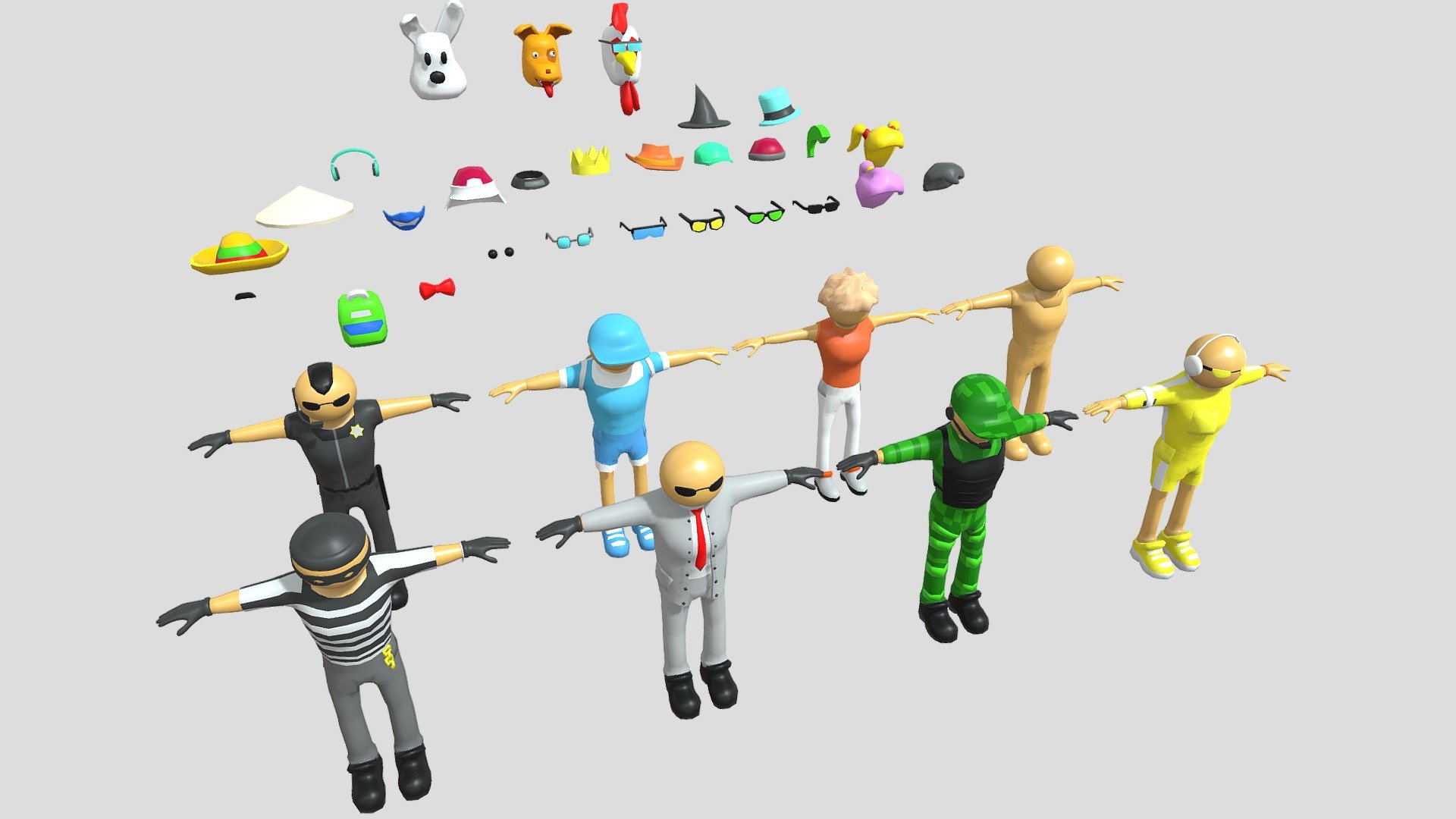 3D costumed character set with interchangeable body parts, animation bones and Ragdoll

Package constructor of low-polygonal characters with bones for animation. All parts of the character are interchangeable, you can change the character’s arms, torso, legs, etc. Characters configured to work with Mixamo (animations are not included in this package) Each character has regdoll animation customized

The zip archive contains the following files: 
Unity. 
Blender. 
FBX. 
Textures

Package includes:

Characters - 10 pcs Headwear - 15pc Glasses - 9pc Hair - 5pcs Animal masks - 3pcs Accessories - 8pc

Bones ready for Mixamo animation

Ragdoll

Character Builder

Technical details:

All models use the same material and texture (as a color palette) resolution: 128*128 px. Leather texture has its own material and can be changed. The average model has 2-4k faces.

Created by Deslab - 3D Costumed Character Pack Low Poly Unity - Buy Royalty Free 3D model by Deslab (@kama12) 3d model