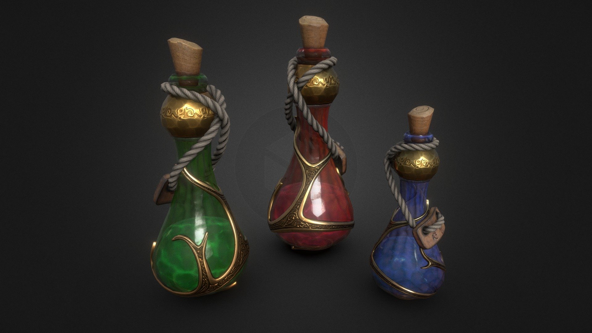 Potions low poly model

2k textures. Polycount: 4316 tris. each bottle.

Model created on Blender and ZBrush. Textured with Substance Painter 3d model