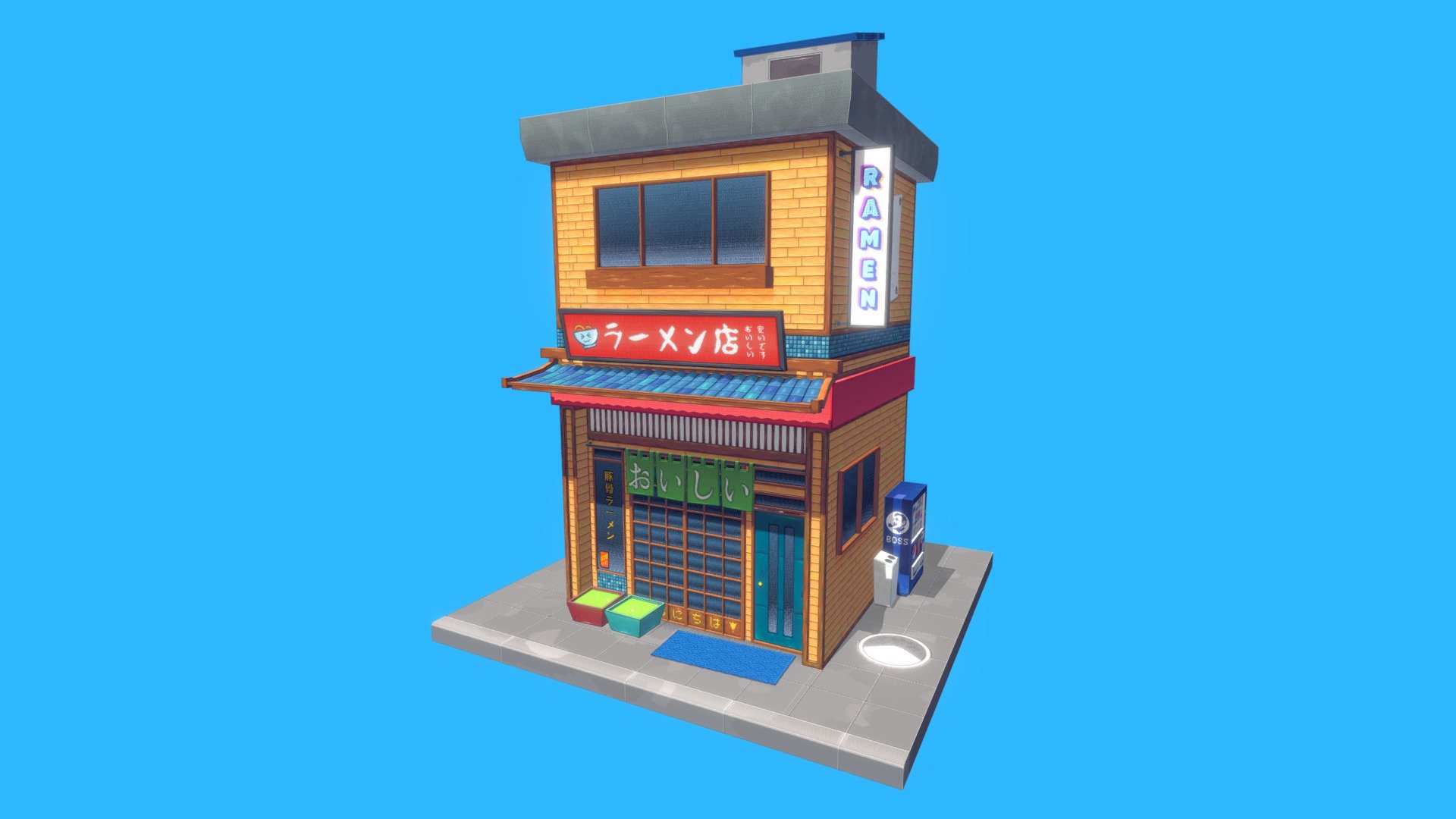 Stylized Ramen Shop with 16-bit / Pixel art texturing. Modeled in Blender 2.9, texture was hand painted in Aseprite and Photoshop. 1cm equals 1 pixel.

The workflow behind that took longer than expected, as the UVs had to be unwrapped manually for &lsquo;pixel perfect' alignment. 

Significant advantages over voxel tools are more pixel depth, game engine ready textures and UVs (for light maps in UE et cetera), curved geometry and placement in different angles 3d model