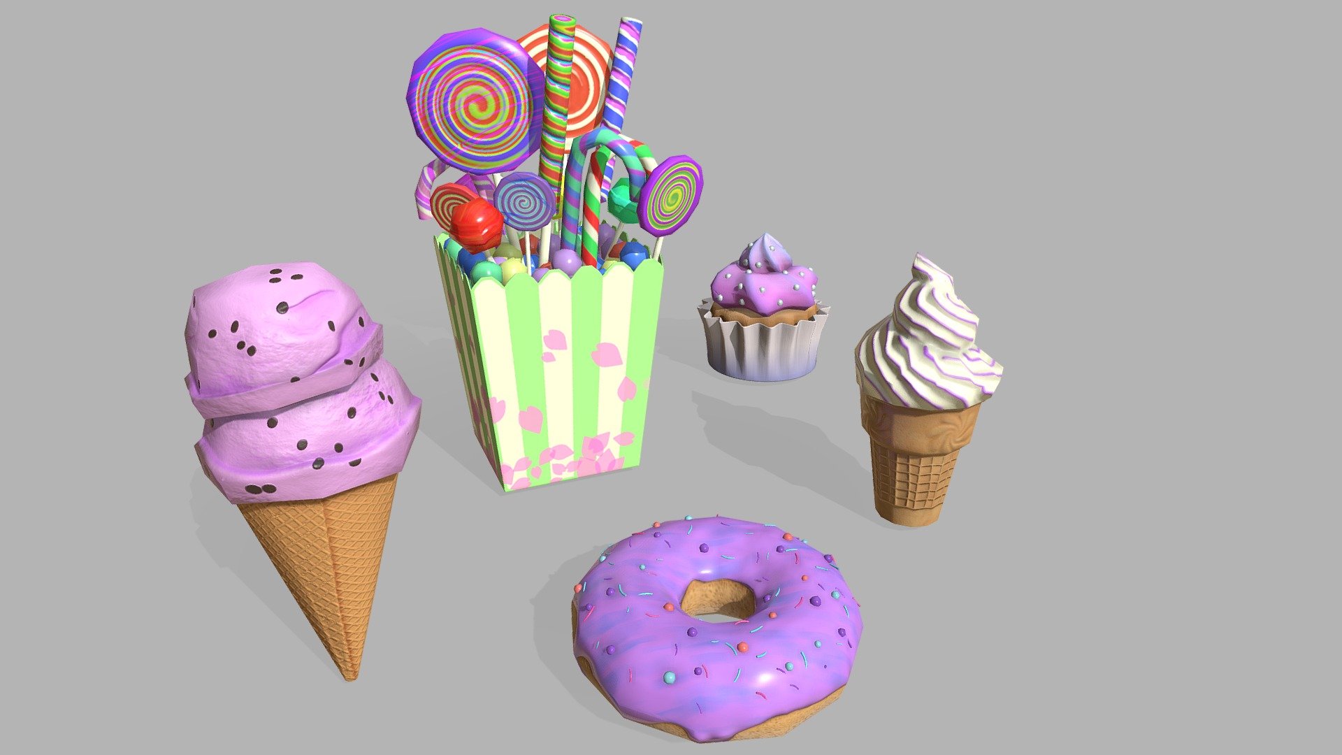 Low poly PBR sweets pack

This pack contains 5 sweets:


Cupcake (2212 Poly; 2400 Verts; 4544 Edges)
Donut (3884 Poly; 3644 Verts; 7440 Edges)
Ice_cream_cone (136 Poly; 147 Verts; 280 Edges)
Ice_cream (185 Poly; 175 Verts; 157 Edges)
Box_lollipops (2484 Poly; 2528 Verts; 4867 Edges)


Formats: .FBX
 Textures: 2048x2048 PNG - Low poly Sweets pack - Download Free 3D model by arekusandoru.kurobe 3d model