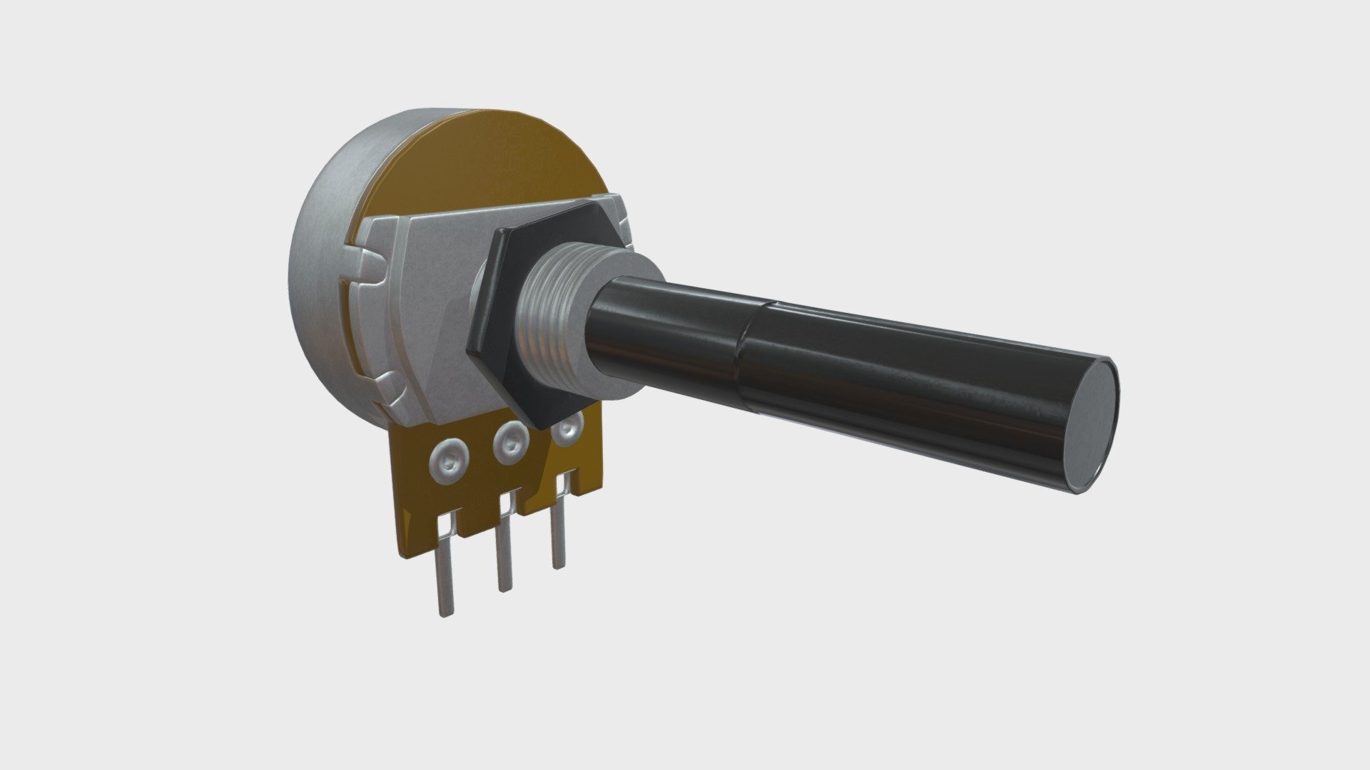 === The following description refers to the additional ZIP package provided with this model ===

Single turn potentiometer (varible resistor, trimmer) 3D Model. Production-ready 3D Model, with PBR materials, textures, non overlapping UV Layout map provided in the package.

Quads only geometries (no tris/ngons).

Formats included: FBX, OBJ; scenes: BLEND (with Cycles / Eevee PBR Materials and Textures); other: png with Alpha.

1 Object (mesh), 1 PBR Material, UV unwrapped (non overlapping UV Layout map provided in the package); UV-mapped Textures.

UV Layout maps and Image Textures resolutions: 2048x2048; PBR Textures made with Substance Painter.

Polygonal, QUADS ONLY (no tris/ngons); 27692 vertices, 27651 quad faces (55302 tris).

Real world dimensions; scene scale units: cm in Blender 3.0 (that is: Metric with 0.01 scale).

Uniform scale object (scale applied in Blender 3.0) 3d model