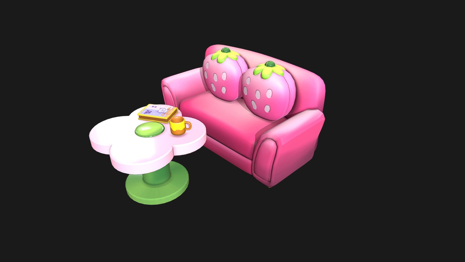 low poly model of stylized sofa and table, all the textures are handpainted 3d model