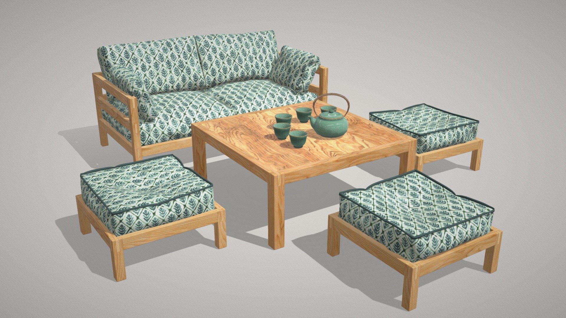Detailed model of a table, 3 ottomans and a sofa with green upholstery.

Light and original table group will fill your interior with Asian motifs.

And details in the form of a teapot and bowls will add realism to your 3D project, game or metaverse:)



Video about the model


Model info



clean topology, 24k faces

clean unwrapped UV

5 sets of texture maps (BaseColor, Metallic, Roughness, Normal) in 4K and 2K resolution

5 materials

ready to use in blend, fbx and obj formats

Built with Blender. Origin Blender file attached.


Thanks for watching^.^
Want to buy this model? Please tell me where you want to use it.

Have questions about the model? Mail me: tochechkavhoda@gmail.com - Green table group in Asian style (3D) - Buy Royalty Free 3D model by tochechka 3d model