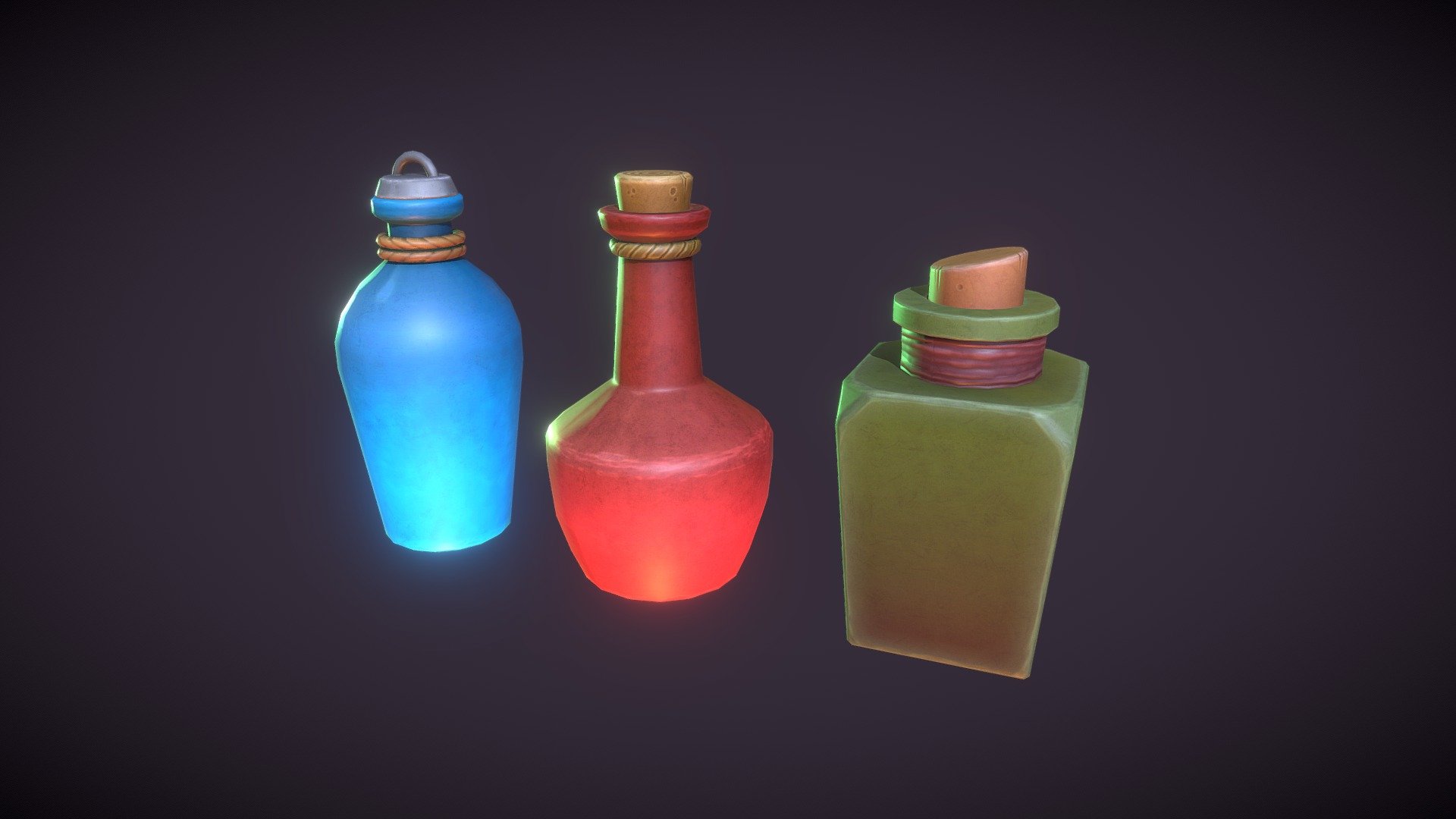 Set of three 3d potions (mana, health and poison) with opening animations and particle system (Unity 3D)

• 2k textures (Albedo, Normals and AO).

• Rigg joints for bottle and cork.

• Optimized models

• Animator controller for every one. (Unity 3D)

• Demo scene whit scripts for animator controller and functions for particle system in open animation. Post-processing in Main Camera (Unity 3D) | https://youtu.be/-9TClPQ6yp4 - Asset Kit - Potions (Animation & Unity files) - Buy Royalty Free 3D model by Luciano O. Mollo (@LM3D) 3d model
