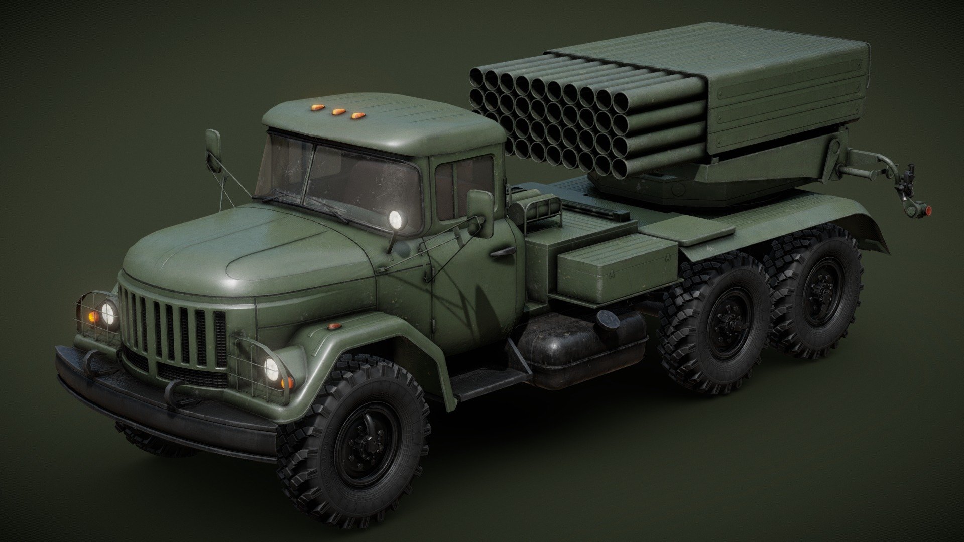 Separate materials for: cabin, interior, glass, frame, launcher base, top launcher part and wheels.
Wheels and rocket launcher parts are separate objects.
1k textures with alpha for the glass, 2k for the wheels and 4k for all the other materials.



The BM-21 &ldquo;Grad