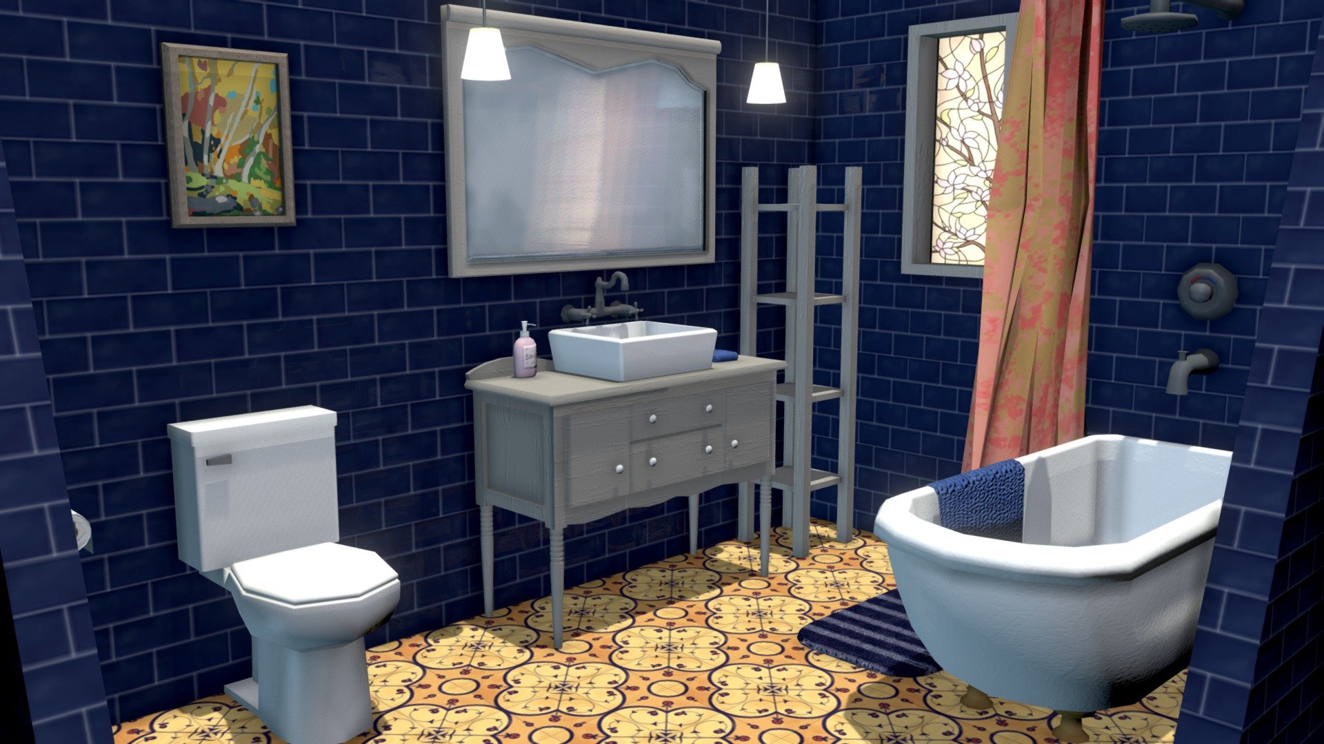 A nice and vibrant bathroom indeed. Comes with extra-soft toilet paper pre-installed! Made in maya2019, textured in photoshop 3d model