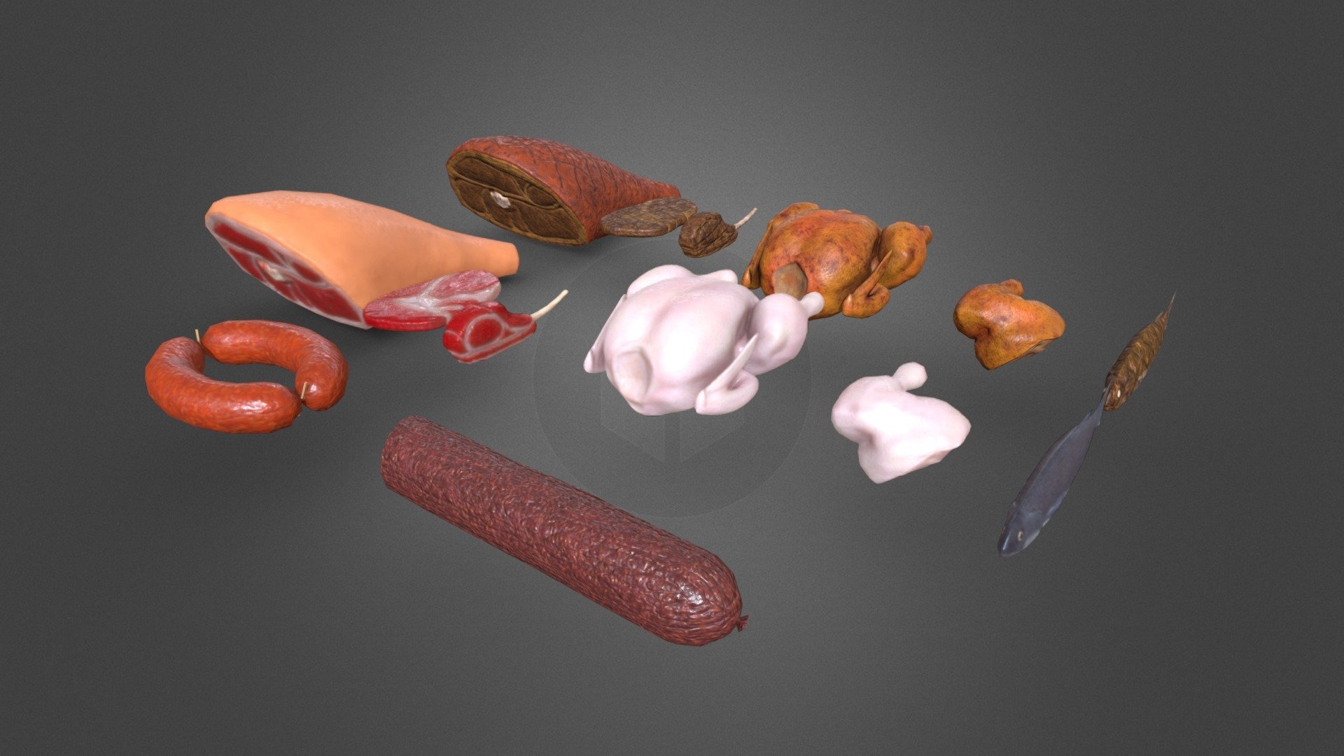 Low poly PBR 14 piece set of meat.

Features:




Including Chicken Leg, raw and cooked variant,

Including Chicken Whole, raw and cooked variant,

Including Fish, raw and cooked variant,

Including Pork Leg, raw and cooked variant,

Inclduing Salami,

Including Sausage,

Including Steak Rib, cooked and raw variant

Including Steak, cooked and raw variant,

Great for renders as well as game assets

For support or other information please send us an e-mail at info@sunbox.games

Check out our other work at sunbox.games - Meat Set - Steak Sausage Rib Fish Chicken - Buy Royalty Free 3D model by Sunbox Games (@sunboxgames) 3d model