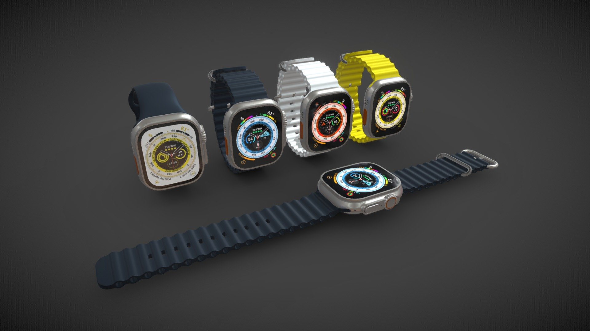 Realistic (copy) 3d model of Apple Watch Ultra all colors.

This set:
- 1 file obj standard
- 1 file 3ds Max 2013 vray material
- 1 file 3ds Max 2013 corona material
- 1 file of 3Ds
- 4 file e3d full set of materials.
- 1 file cinema 4d standard.
- 1 file blender cycles.

Topology of geometry:
- forms and proportions of The 3D model
- the geometry of the model was created very neatly
- there are no many-sided polygons
- detailed enough for close-up renders
- the model optimized for turbosmooth modifier
- Not collapsed the turbosmooth modified
- apply the Smooth modifier with a parameter to get the desired level of detail

Materials and Textures:
- 3ds max files included Vray-Shaders
- 3ds max files included Corona-Shaders
- Blender files included cycles shaders
- Cinema 4d files included Standard-Shaders
- Element 3d files
- all texture paths are cleared

Organization of scene:
- to all objects and materials
- real world size (system units - mm)
- coordinates of location of the model in space (x0, y0, z0) - Apple Watch Ultra all colors - Buy Royalty Free 3D model by madMIX 3d model