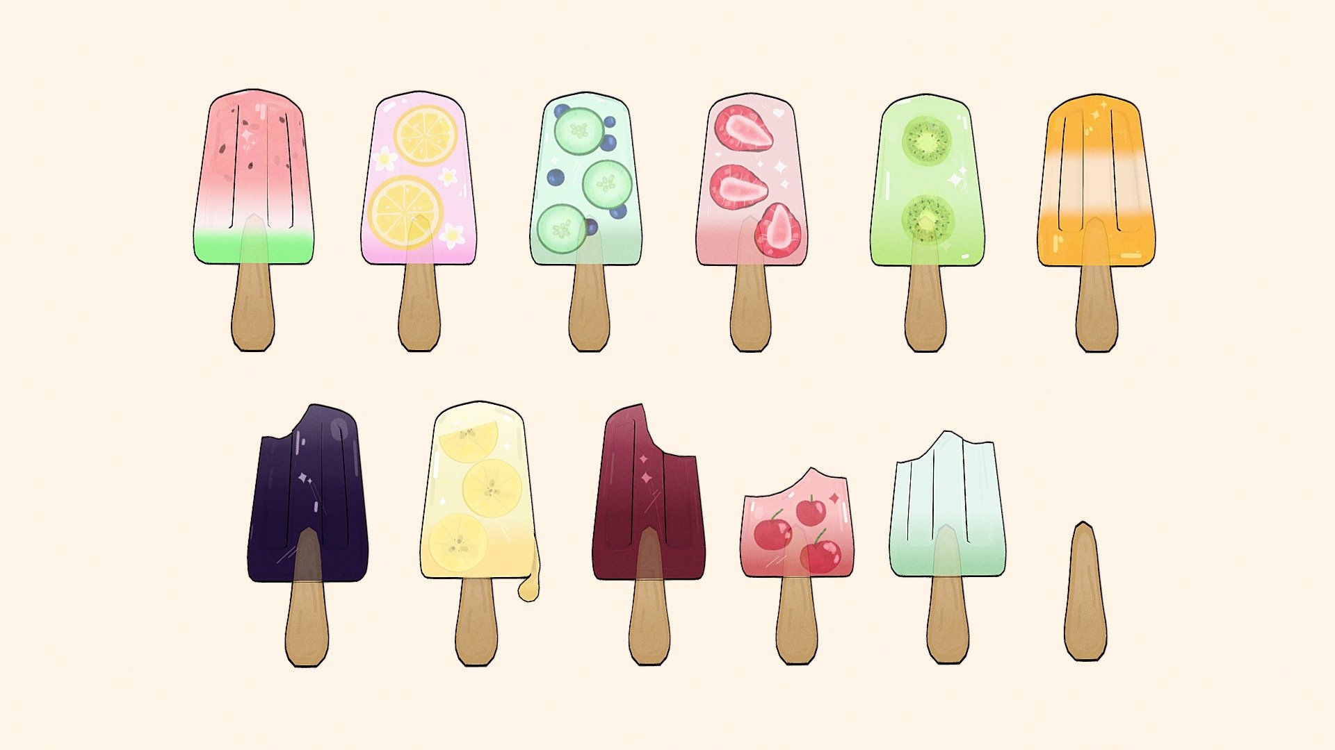 11 fruit ice creams/ice blocks in a cartoon style, including:
- watermelon
- lemon
- cucumber
- strawberry
- kiwi
- mango
- blackcurrent
- banana
- raspberry
- cherry
- lime
- example stick for reference

(◠‿◠✿) - Fruit Ice Cream Pack - 3D model by pea ꕤ (@3dchickpea) 3d model