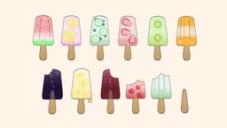 Fruit Ice Cream Pack fruit, cherry, banana, raspberry, stylised, icecream, cucumber, watermelon, lemon, strawberry, mango, kiwi, lime, cartoon, iceblocks