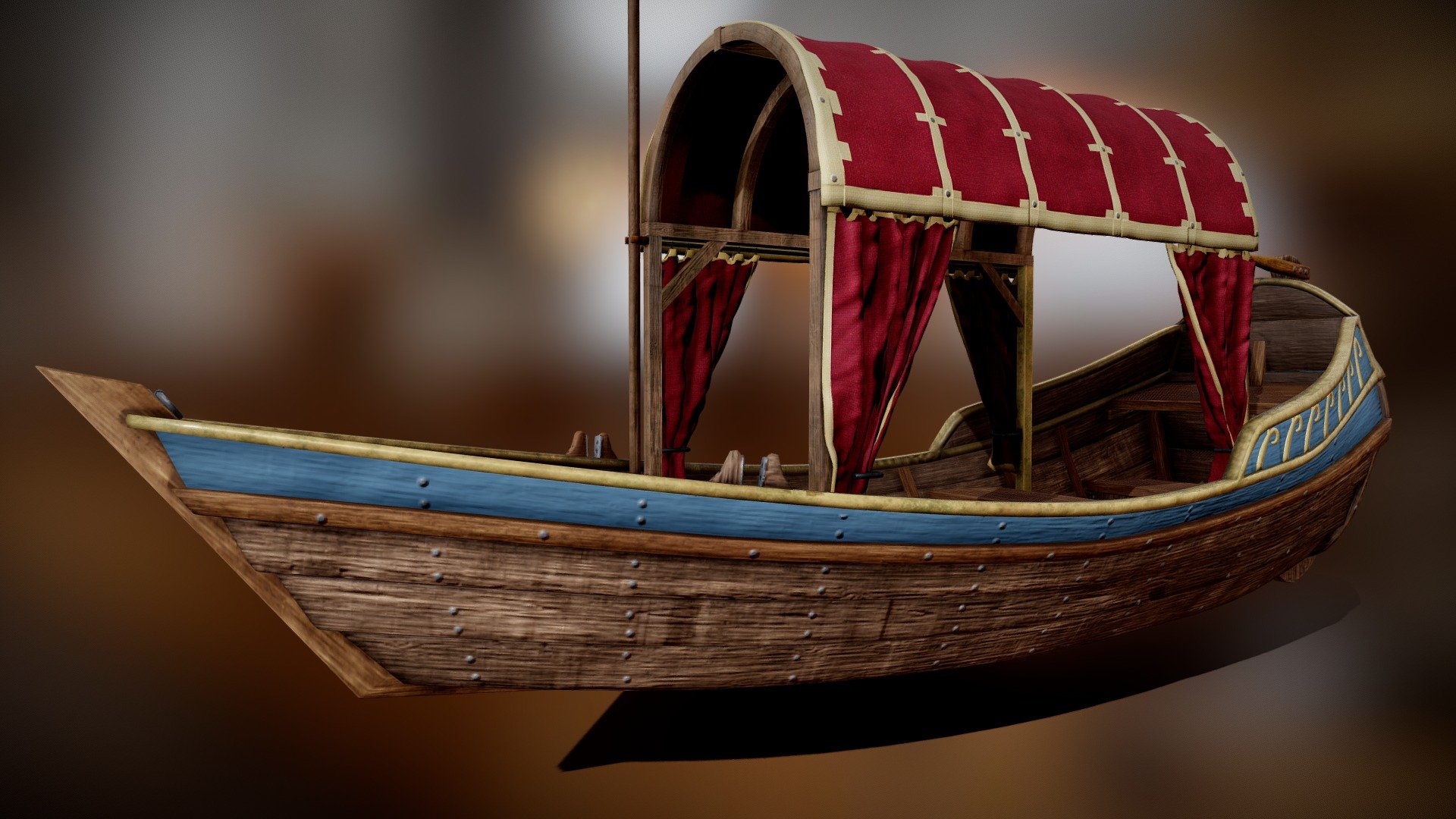 This boat was used by castle inhabitants and visitors to make recreational tours on the lake surrounding the castle. It provides protection against the sun, as it was common in those times to avoid any tanning (which was associated with labour and working on the field).  The long stick is used both for punting and mooring the boat 3d model