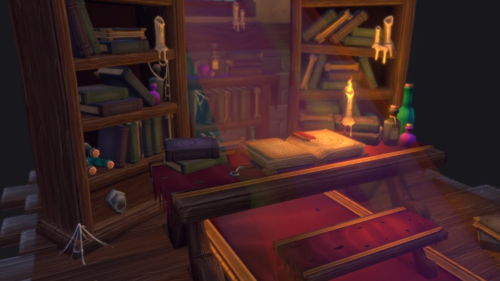 a little diorama of a fantasy library. 
* diffuse 
* lightmap 
* sketchfab 3 light system 3d model