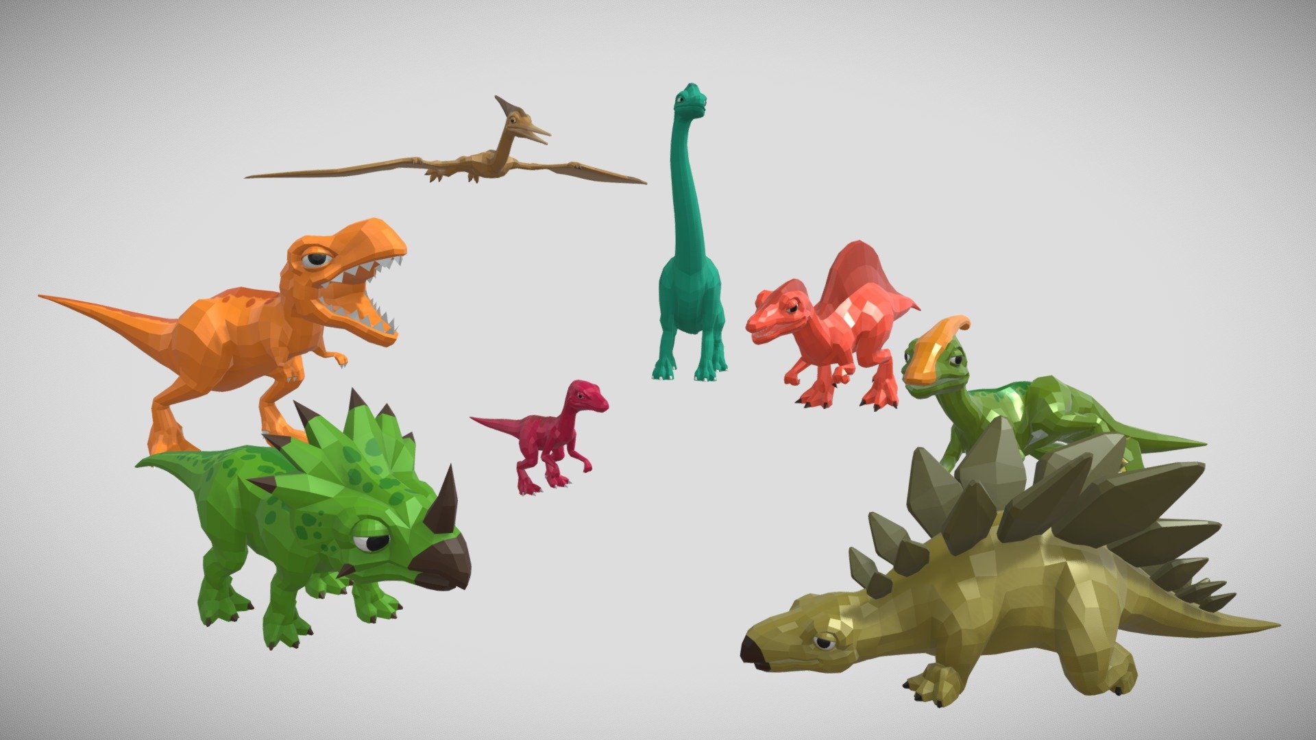 Demo video: https://youtu.be/JlQLjxGMny4

Contents




8 fully rigged dinosaurs

Various animations for each dinosaur

Cute and easy-to-use design

Animations




Brachiosaurus: Idle01, Idle02, Sit, Stand, Walk

Parasaurolophus: Idle, MIsstep, Sit, Stand, Walk

Pterosaurs: Fly, Walk

Spinosaurus: Idle, LookAround, Walk

Stegosaurus: Eat, Idle, Sit, Stand, Walk

Styracosaurus: Attack, Idle, Walk

Tyrannosaurus: Growling, Idle, Walk

Velociraptor: Idle, Run, Touch, Walk

A blender file of each dinosaur's included. You can use the rig, create and adjust animations as you like.

Thank you so much for your interest. Our goal is to create assets that are useful and practical for your project! If you have any question or suggestion, please send us an email to customersupport@jiffycrew.com. We'll be more than happy to help 3d model