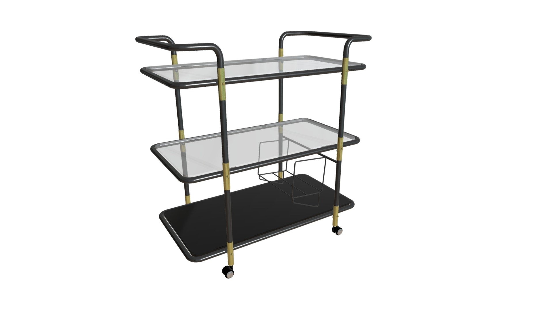Simple elegance meets functionality, as the Secret serving cart features black tempered glass to bottom of three shelves, ice bucket rack and overall metal frame is accented by beautiful Rose Gold finishes to black tubular frame. Sturdy design offers slim profile throughout and easy gliding locking casters. Perfect accent for any room in your home, office or commercial space. https://zuomod.com/secret-serving-cart - Secret Serving Cart - 100191 - Buy Royalty Free 3D model by Zuo Modern (@zuo) 3d model