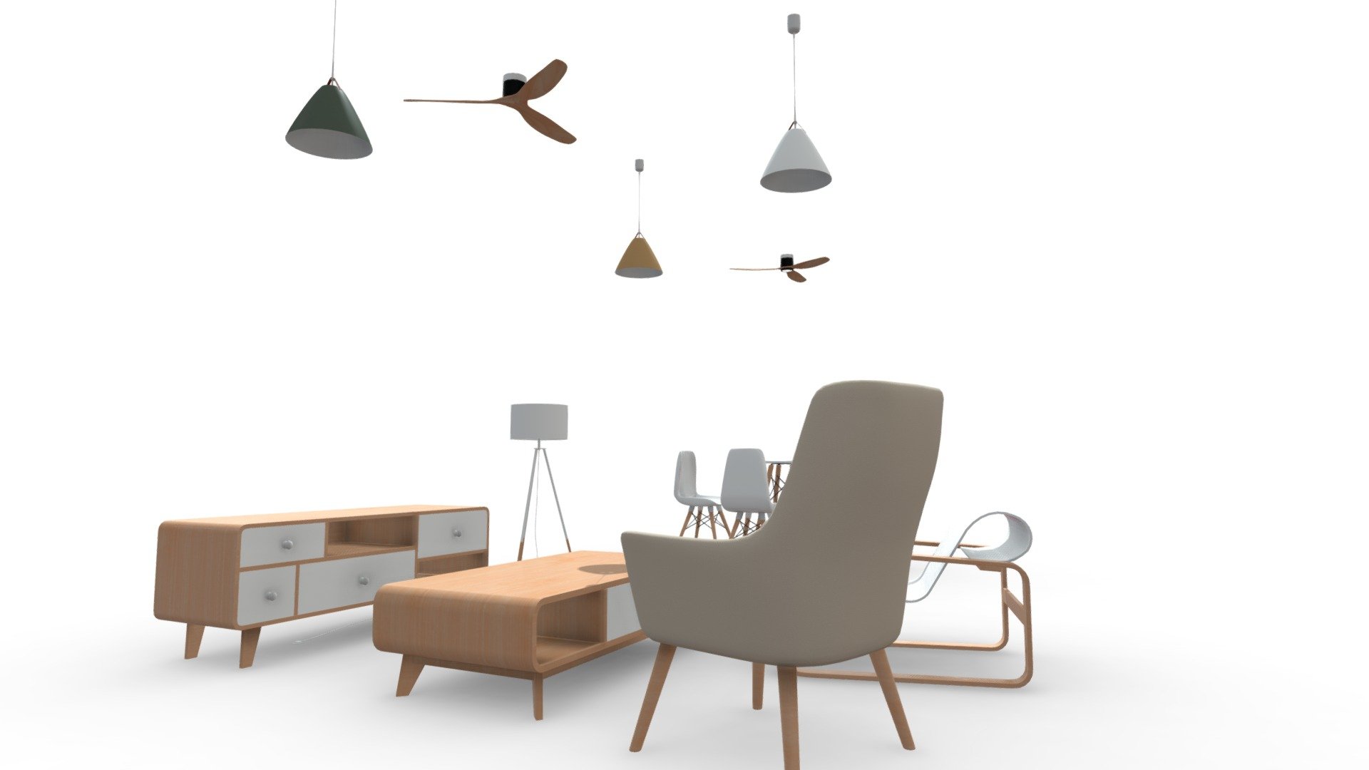 Nordic Furniture Pack
This is a pack of our nordic based models, you can check all the included content below. Renders can be found in the annotations.

Content

2 Armchairs
Cabinet
Ceiling Lamp
Chair
Floor Lamp
Lamps
Table
Coffe Table
Ceiling Fan
Ceiling Fan with Light

Upcoming update will include:


Sofa

Textures
All textures are PNG 4K using a Metalness Workflow.


Base Color
Metallic
Roughness
Normal (DirectX &amp; OpenGL)

Do you need to contact with us? Leave a comment or tweet us

Stay safe! - Nordic Furniture Pack - Buy Royalty Free 3D model by Project Everything (@projecteverything) 3d model