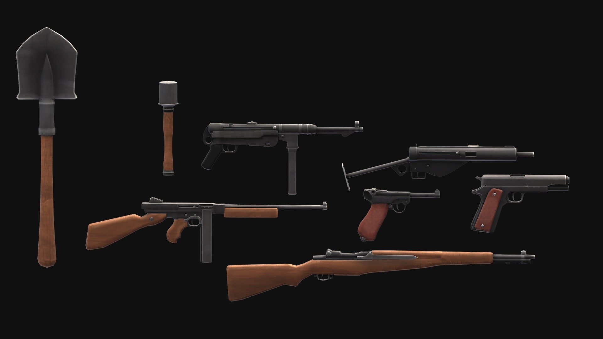 A fully textured stylized set of WW2 weapons.

including:
-M1 Garand
-MP 40
-Sten
-Thompson Machine Gun
-luger
-M1911 Pistol
-Stielhandgranate
-Shovel

Each weapon has its own textures and mag can be removed.
-included will be a zip folder with the individual weapons and texture sets 3d model