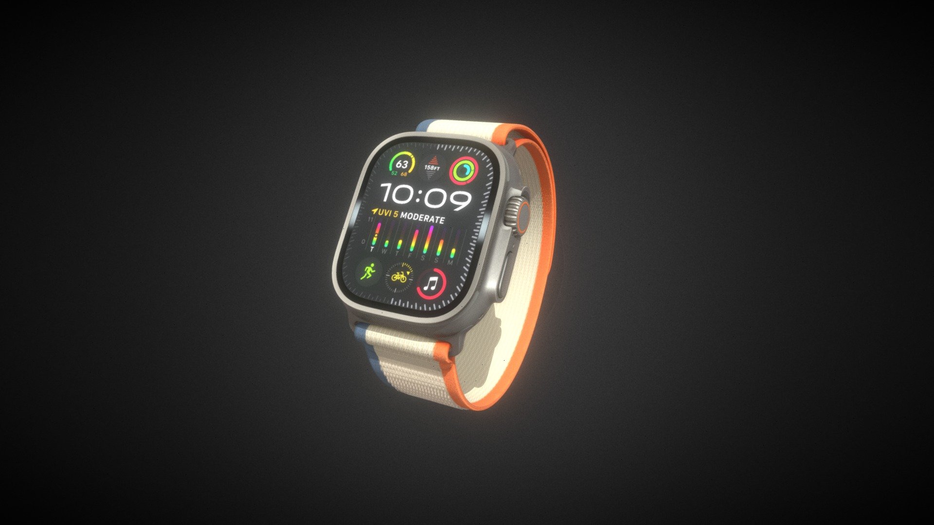 L'Apple Watch Ultra 2 est un modèle haut de gamme de la montre connectée d'Apple annoncé le 12 septembre 2023. Elle introduit reprend le design du premier modèle pensé pour être utilisé dans des conditions extrêmes, toujours avec le même écran en verre saphir de 49 mm et sa coque en titane. Comparé à son prédécesseur, elle introduit principalement un nouveau SiP et un écran plus lumineux 3d model